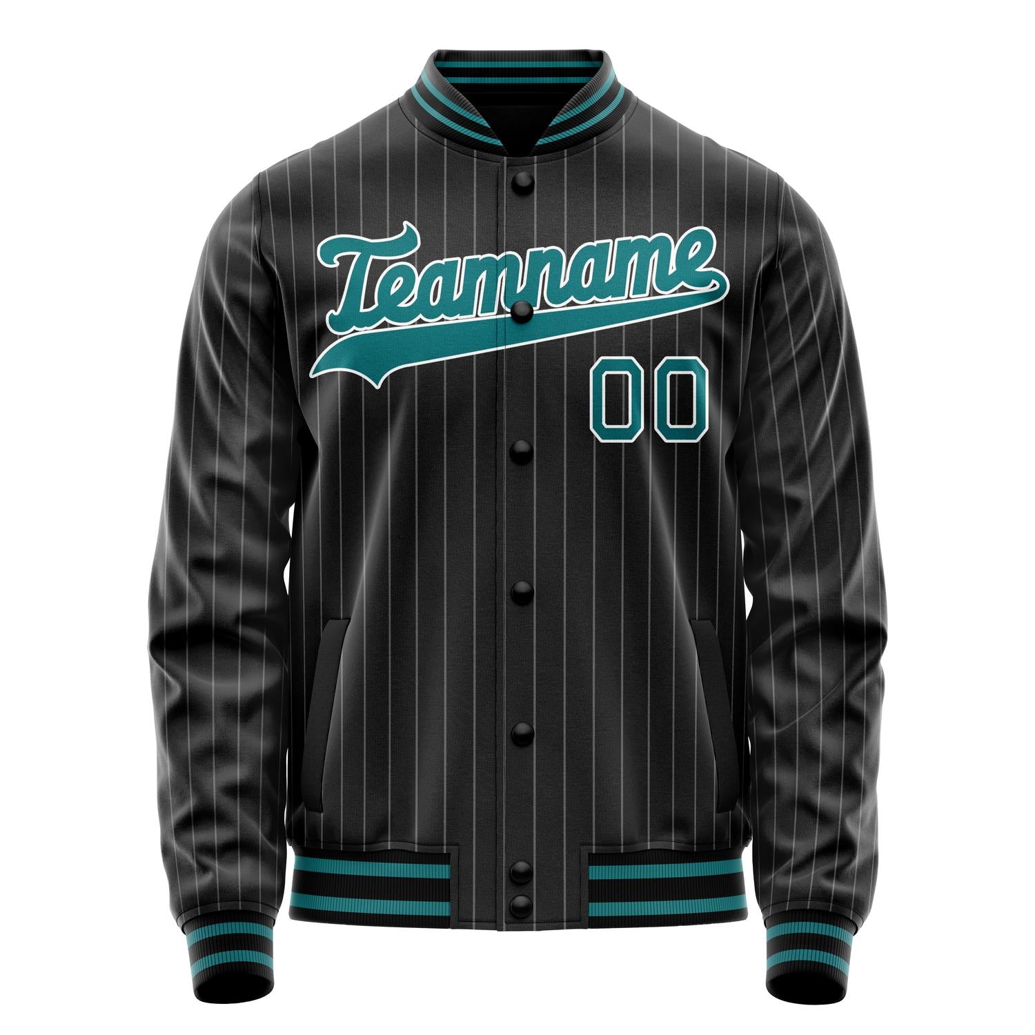 Custom Black Teal Gray Pinstripe Varsity Letterman Jacket JA02240617HF032