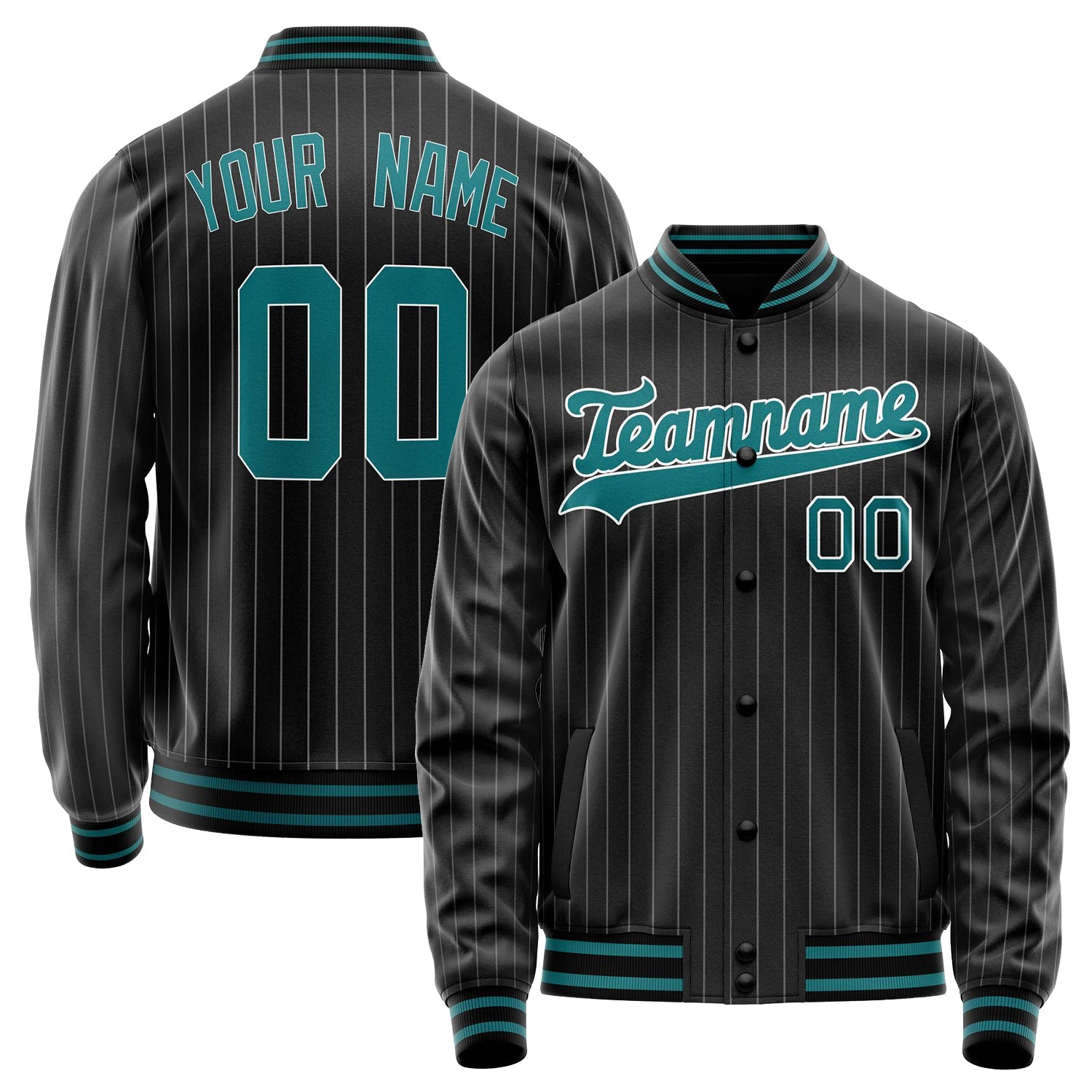 Custom Black Teal Gray Pinstripe Varsity Letterman Jacket JA02240617HF032