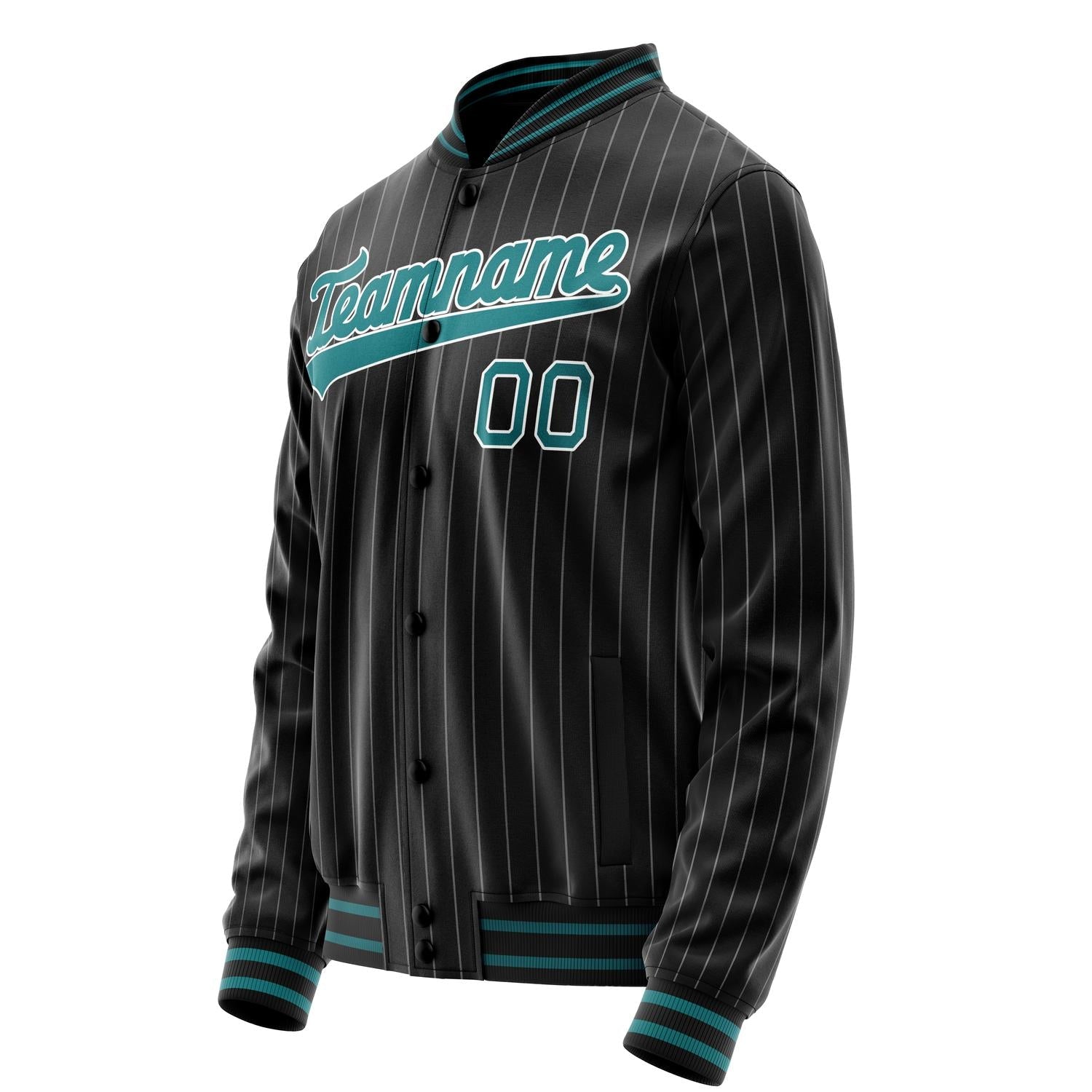 Custom Black Teal Gray Pinstripe Varsity Letterman Jacket JA02240617HF032