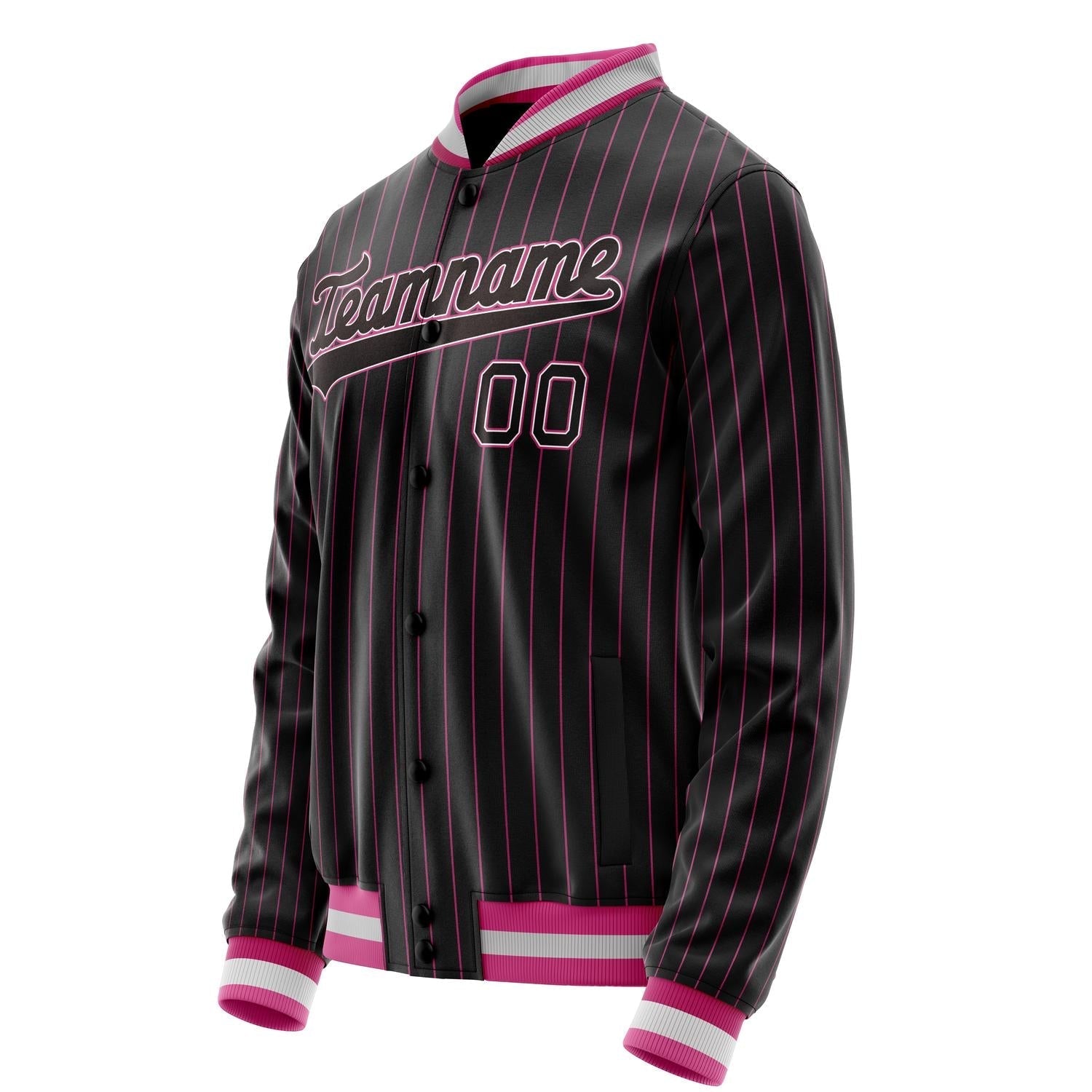 Custom Black Pink Pink Pinstripe Varsity Letterman Jacket JA02240617HF036