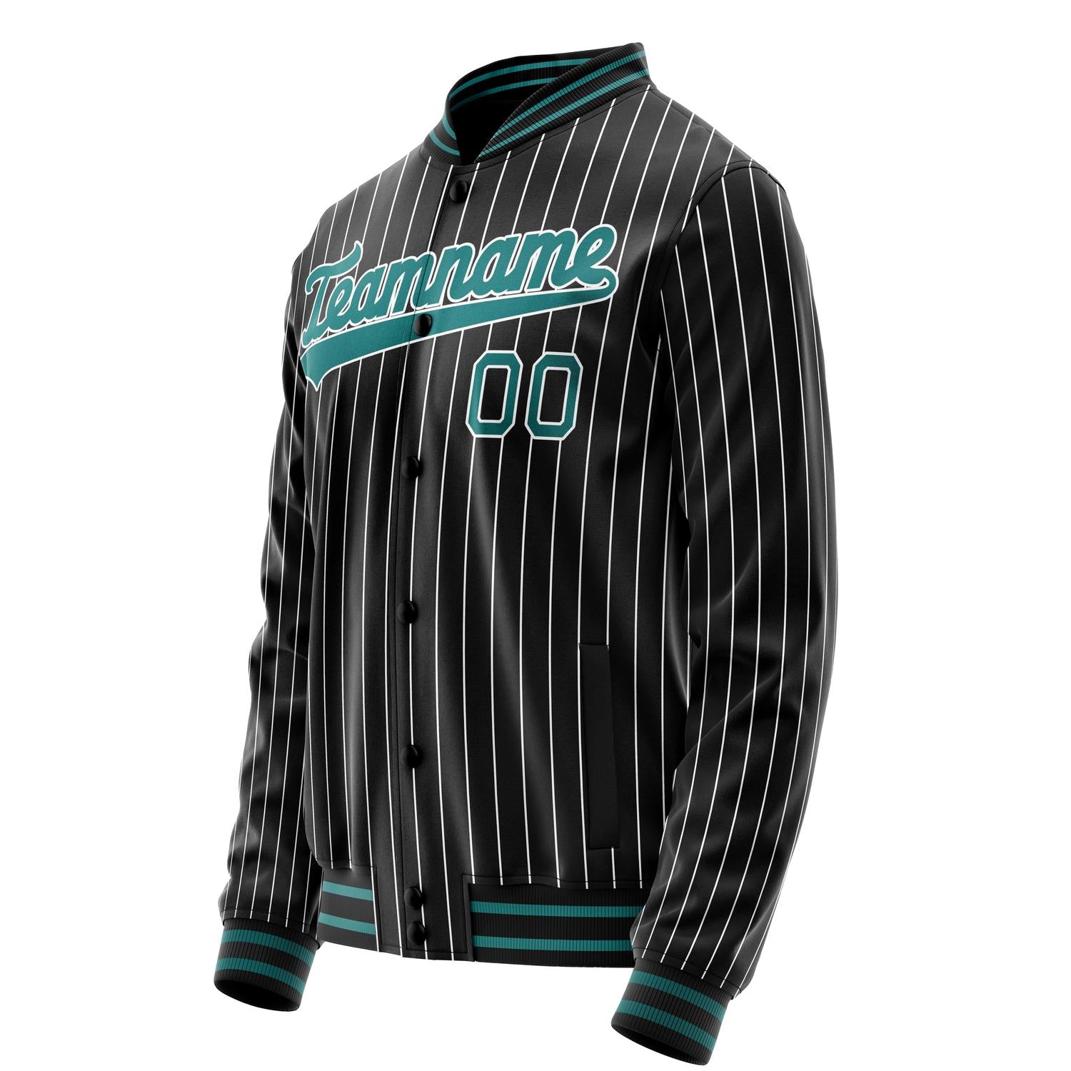 Custom Black Teal Gray Pinstripe Varsity Letterman Jacket JA02240617HF040