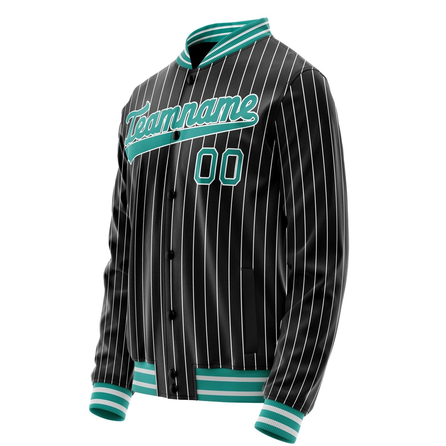Custom Black Teal White Pinstripe Varsity Letterman Jacket JA02240617HF041