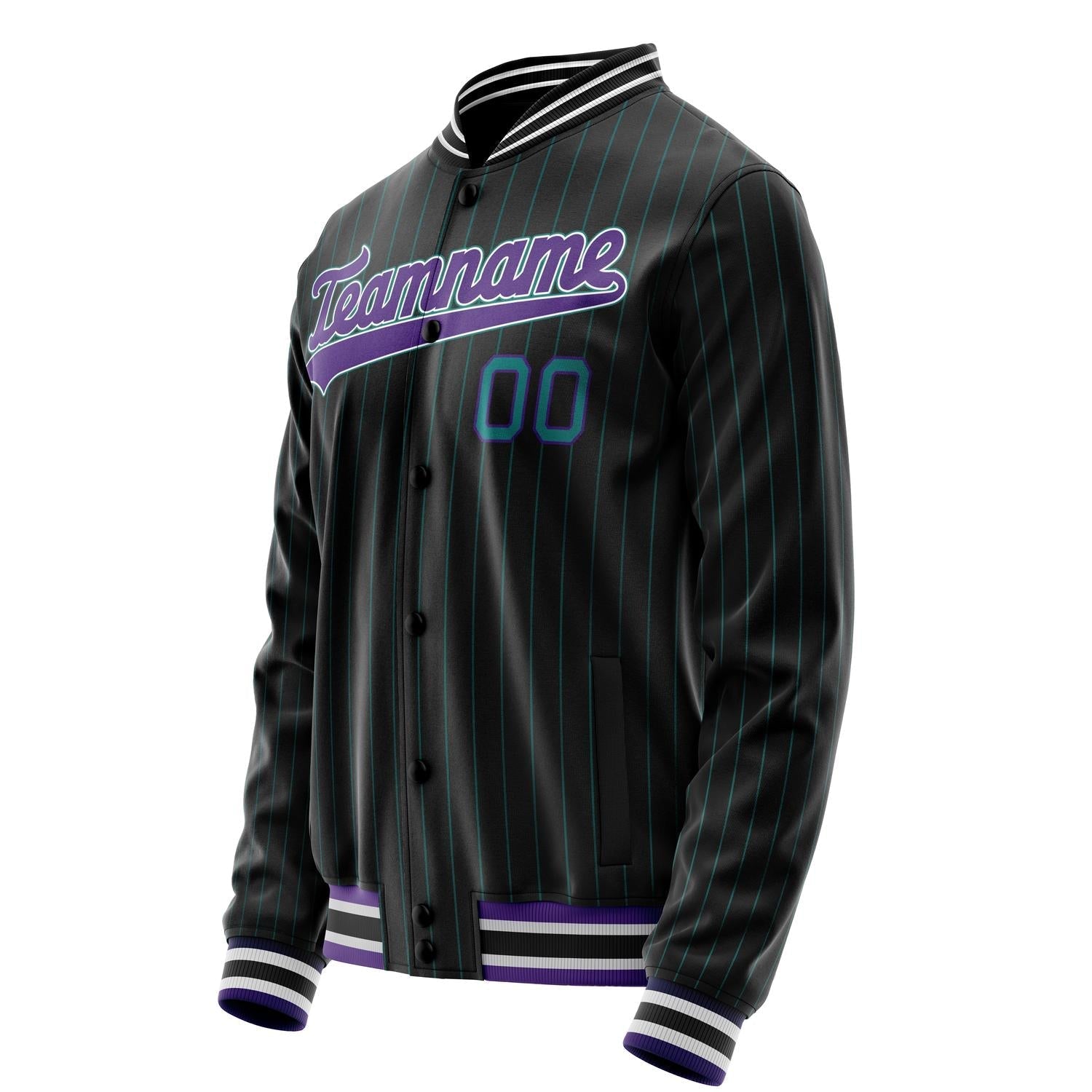 Custom Black Purple Teal Pinstripe Varsity Letterman Jacket JA02240617HF042