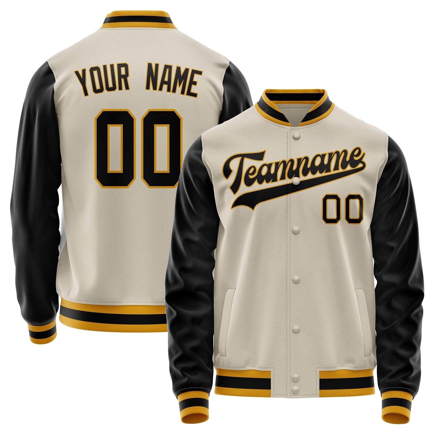 Custom Cream Black Solid Color Varsity Letterman Jacket JA02240617JC091