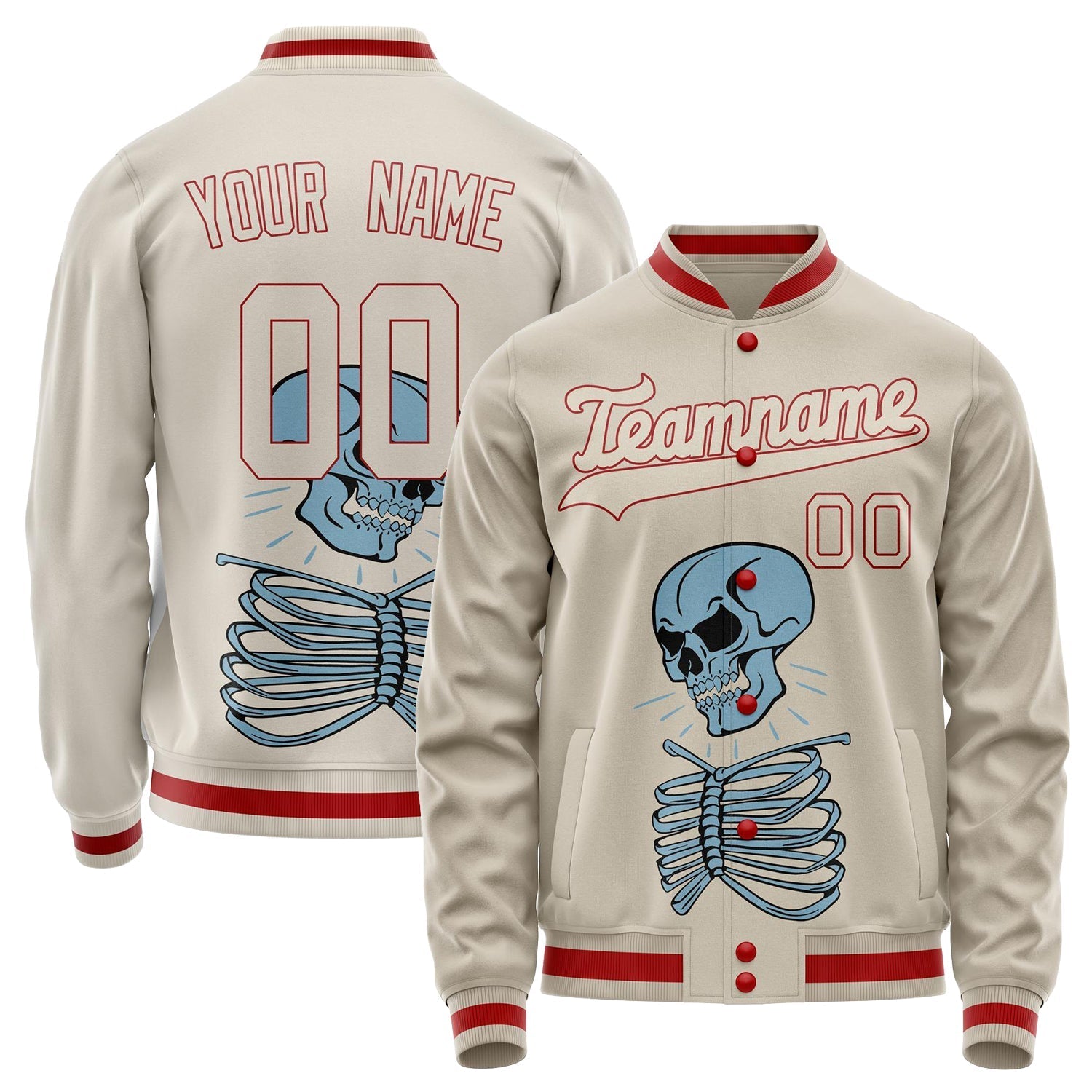 Custom Cream Red 3D Pattern Skull Varsity Letterman Jacket JA02240617JC096