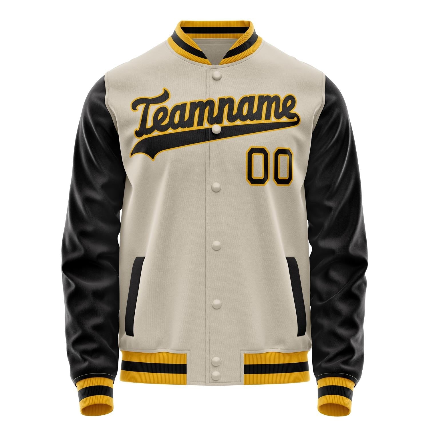 Custom Cream Black Solid Color Varsity Letterman Jacket JA02240617JC107