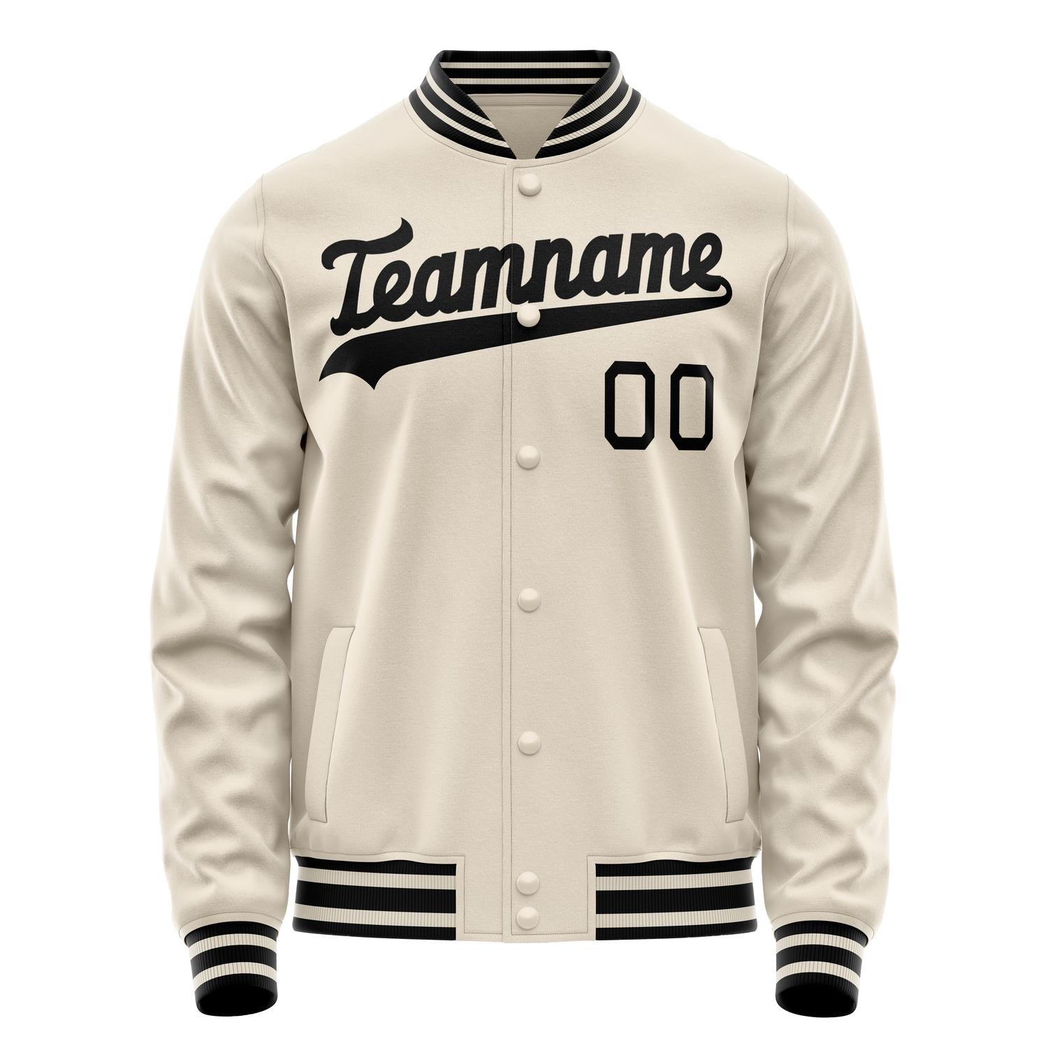 Custom Cream Black Solid Color Varsity Letterman Jacket JA02240617JC111