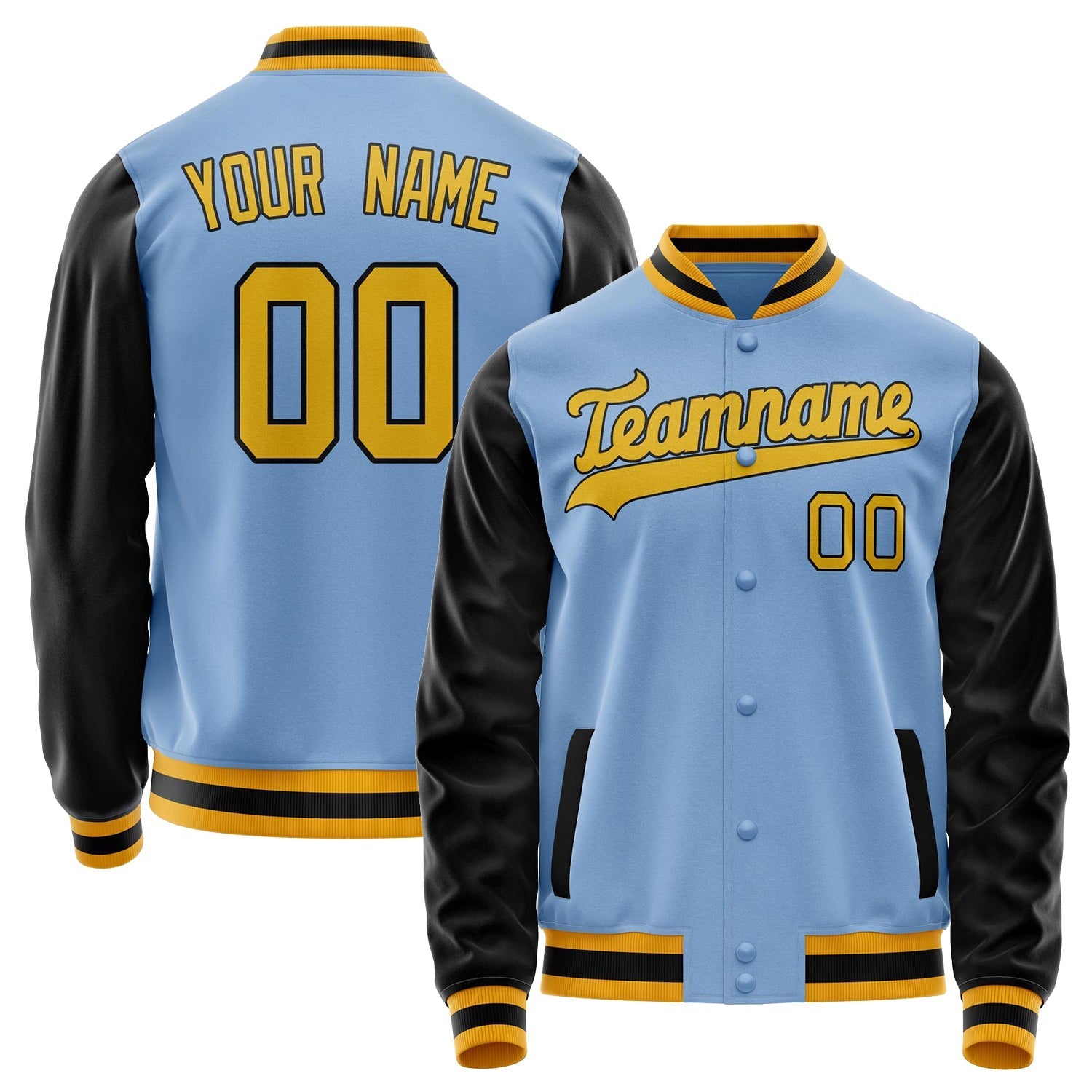 Custom Light-Blue Black Solid Color Varsity Letterman Jacket JA02240617JC243