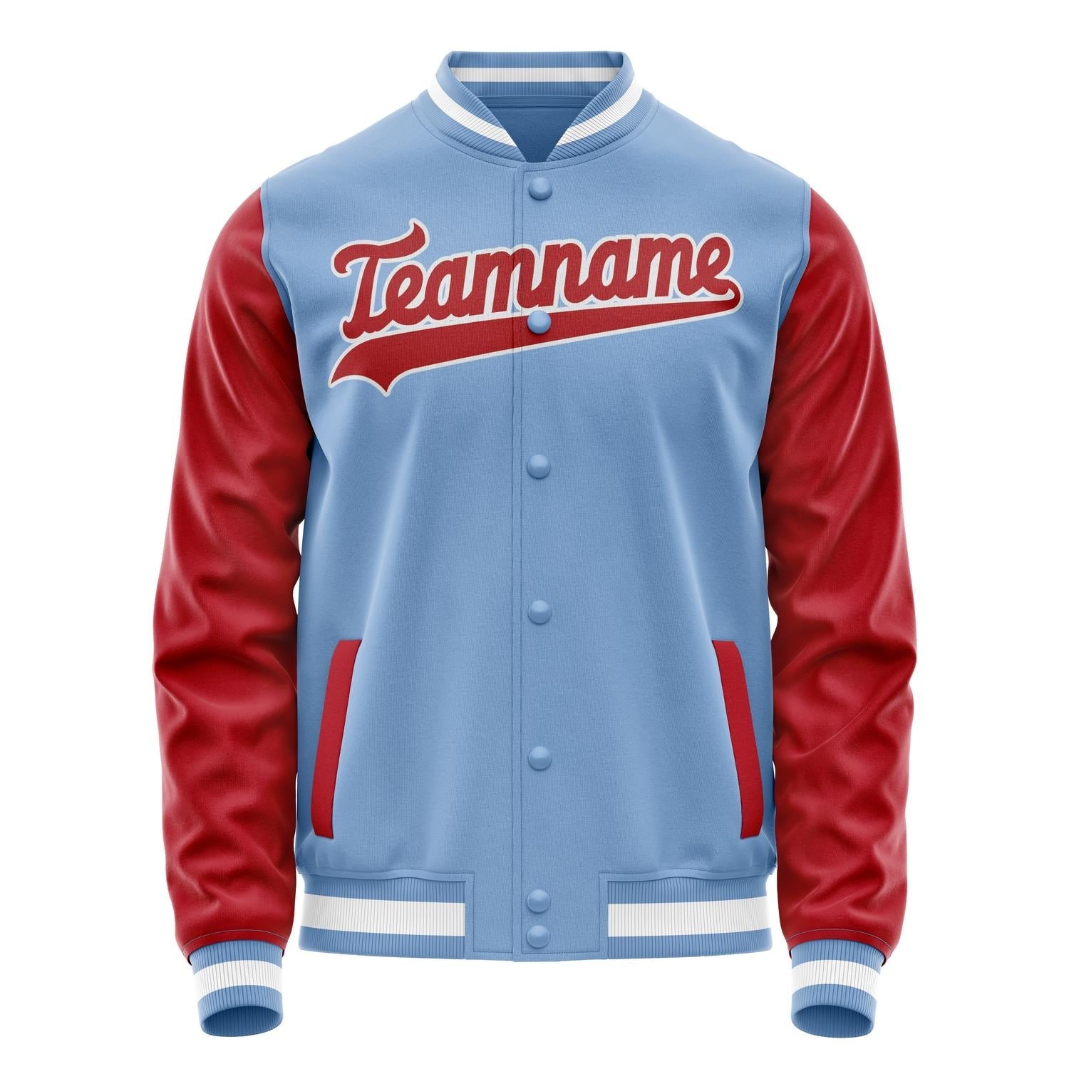 Custom Light-Blue Red Solid Color Varsity Letterman Jacket JA02240617JC247