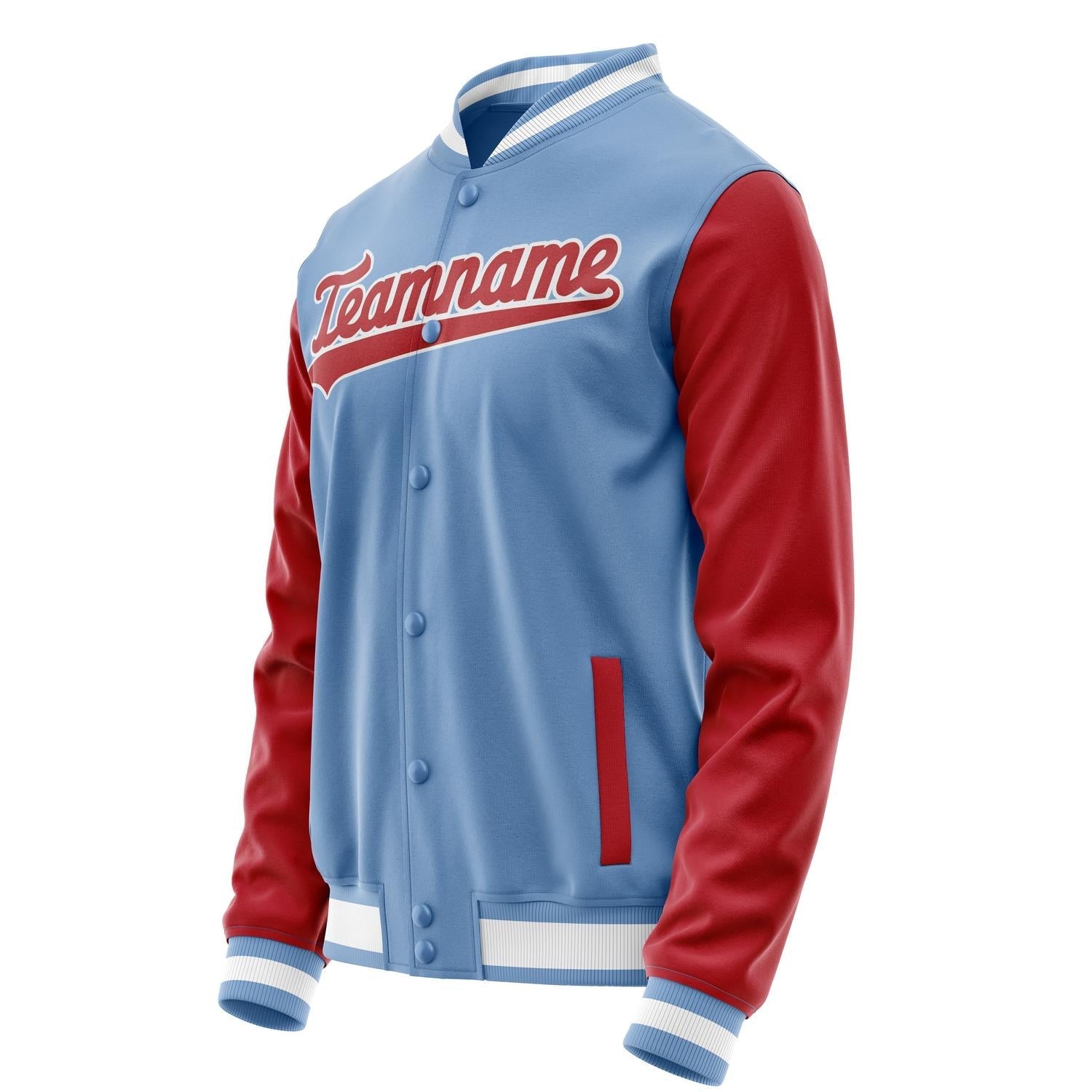 Custom Light-Blue Red Solid Color Varsity Letterman Jacket JA02240617JC247