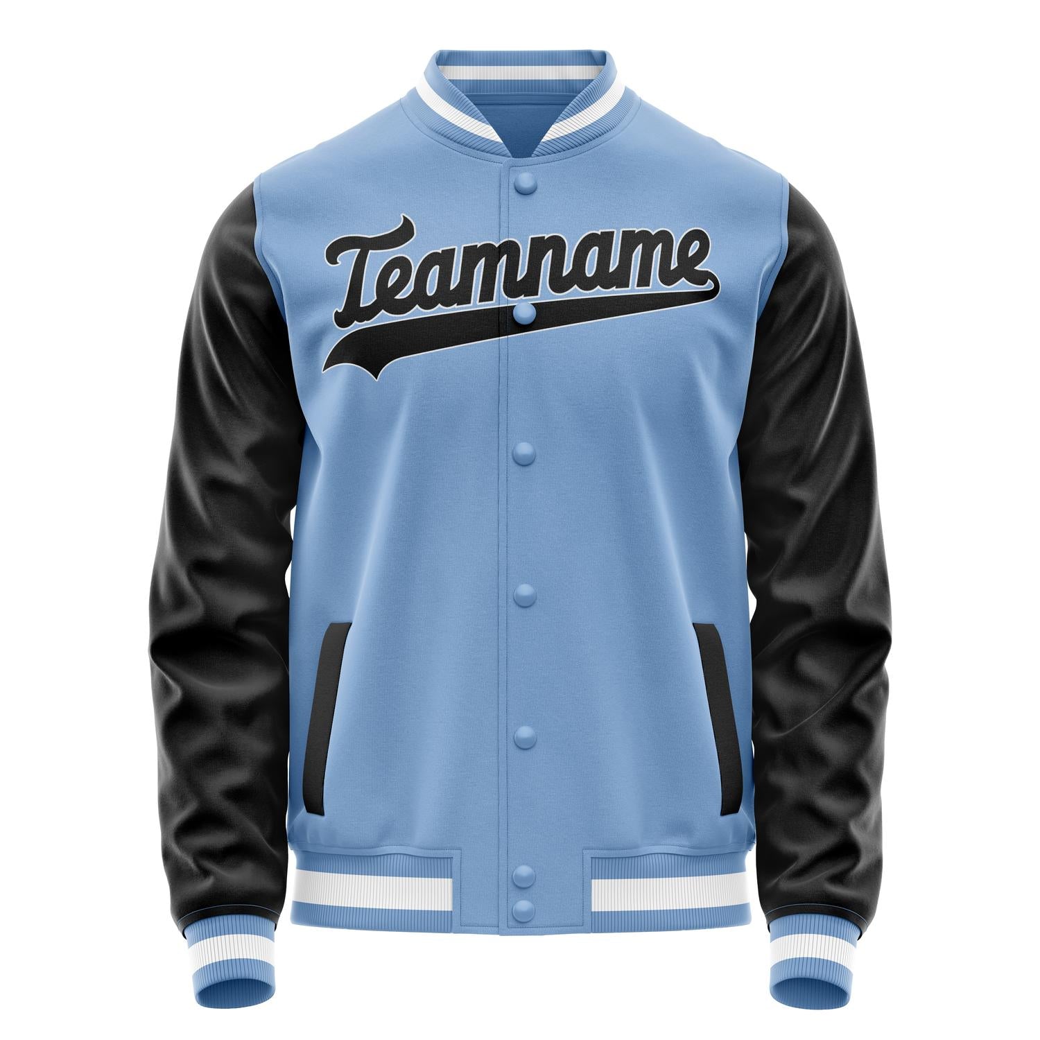 Custom Light-Blue Black Solid Color Varsity Letterman Jacket JA02240617JC258