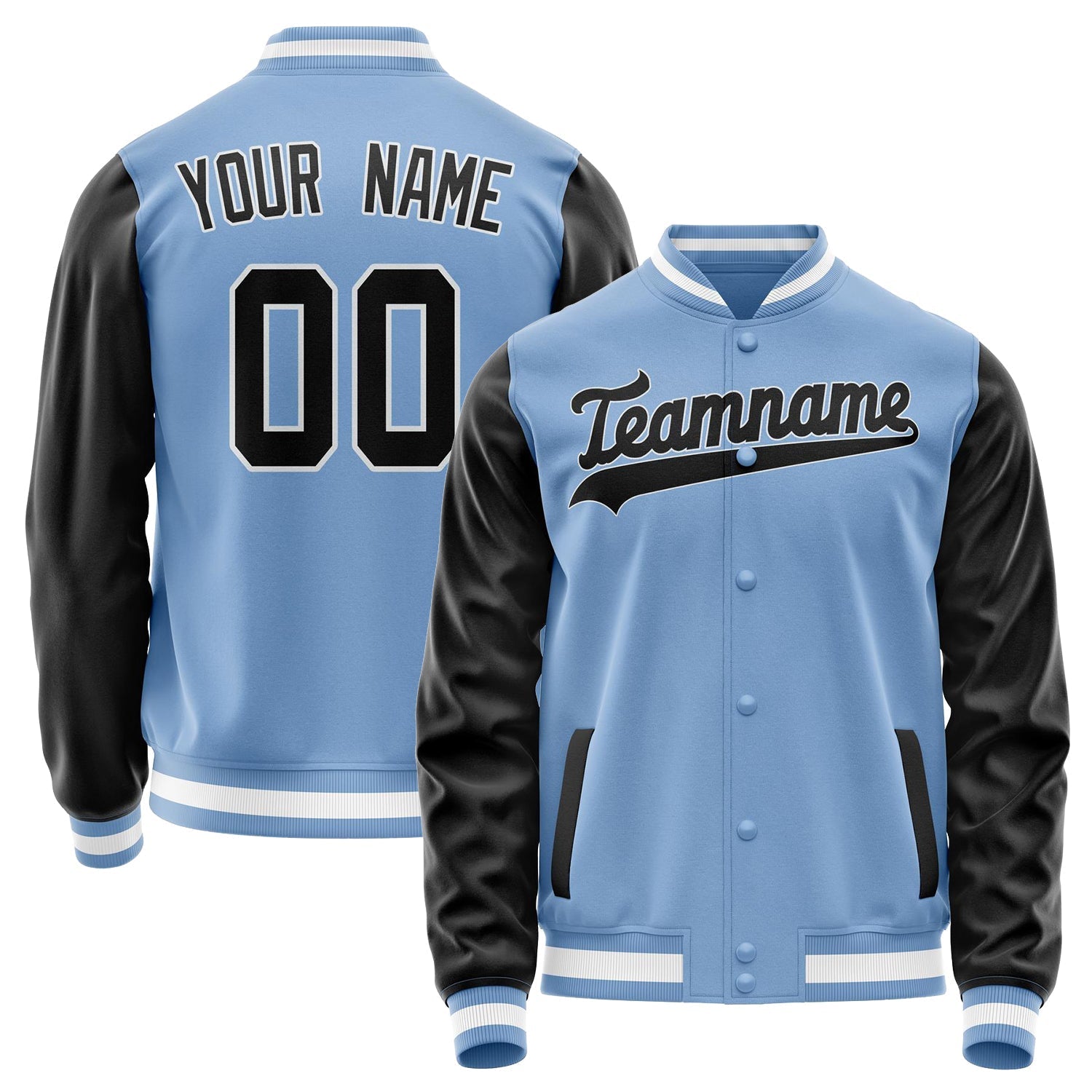 Custom Light-Blue Black Solid Color Varsity Letterman Jacket JA02240617JC258