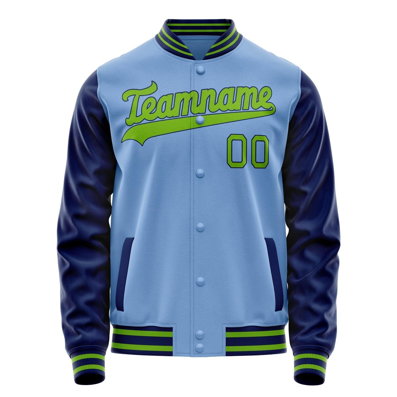 Custom Light-Blue Neon-Green Solid Color Varsity Letterman Jacket JA02240617JC259
