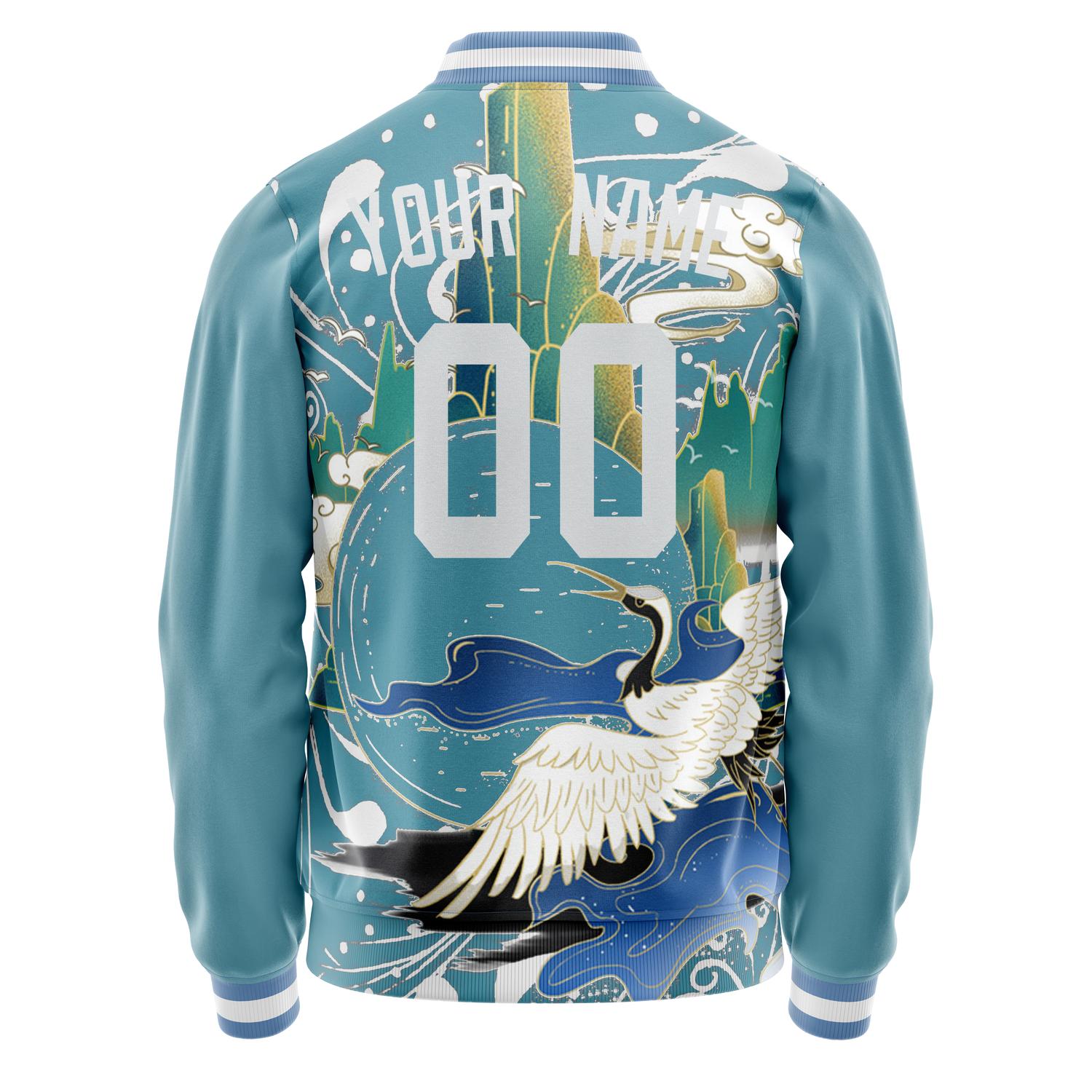 Custom Light-Blue White Heron And Cloud 3D Pattern Varsity Letterman Jacket JA02240617JC263