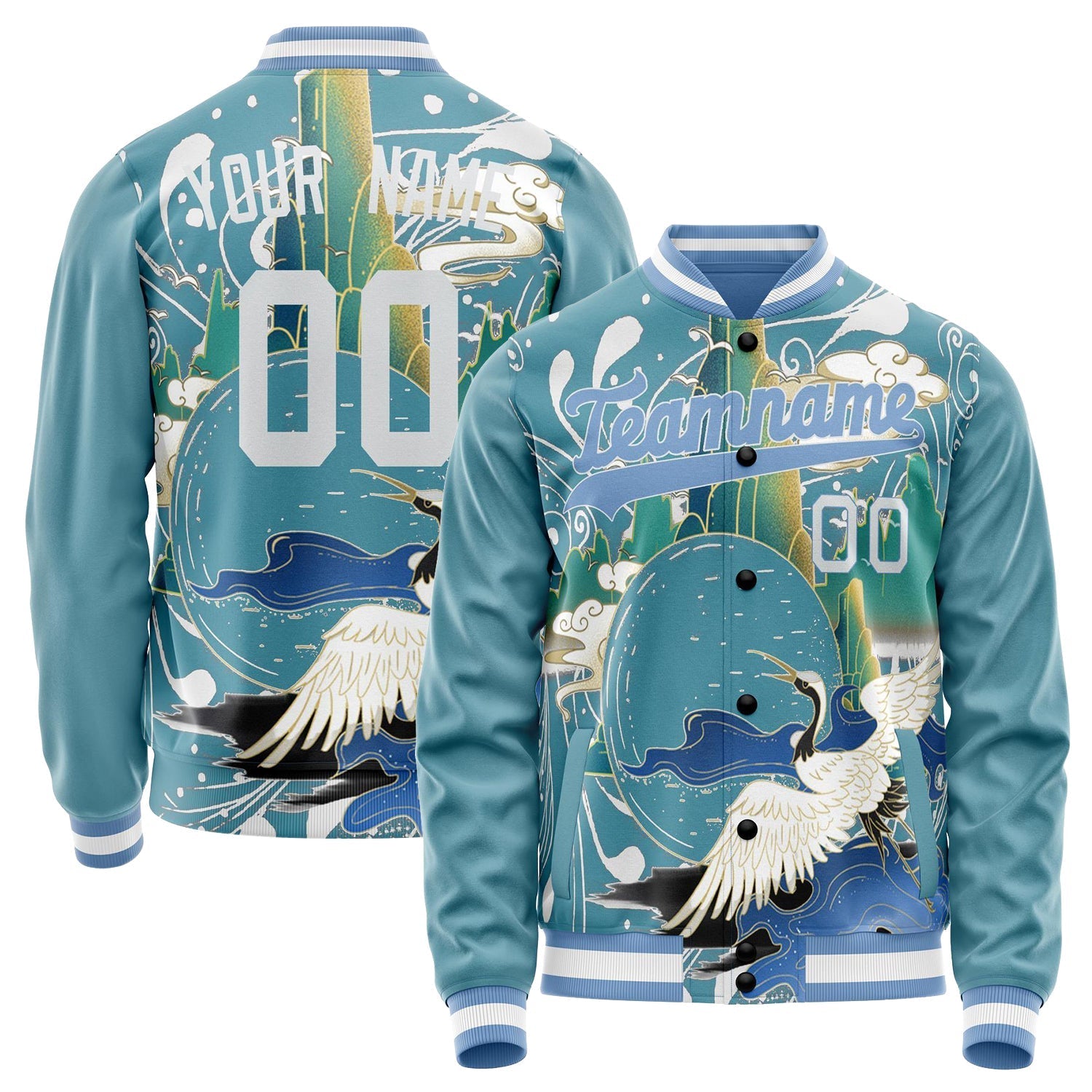 Custom Light-Blue White Heron And Cloud 3D Pattern Varsity Letterman Jacket JA02240617JC263