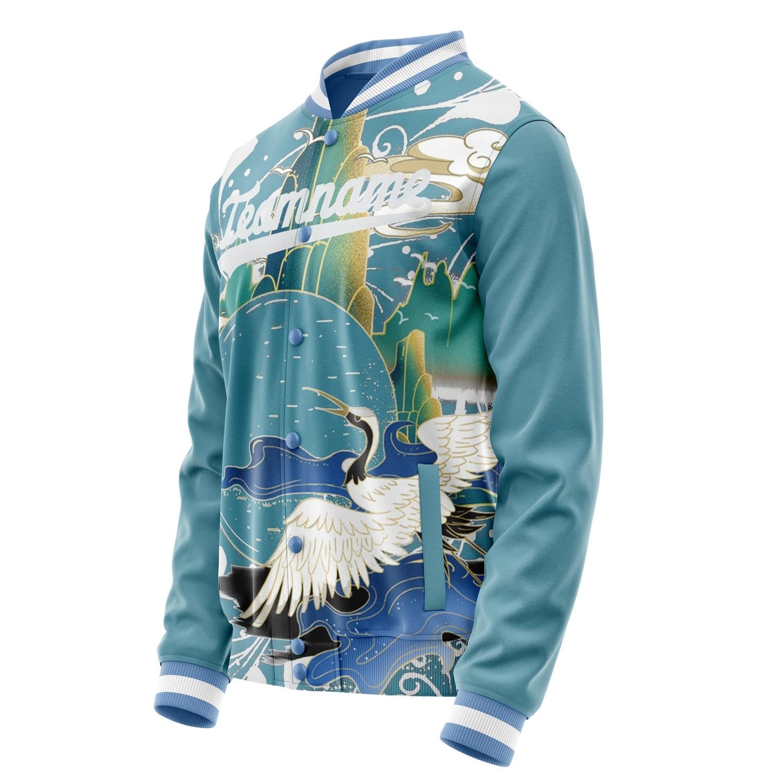 Custom Light-Blue White Heron And Cloud 3D Pattern Varsity Letterman Jacket JA02240617JC263
