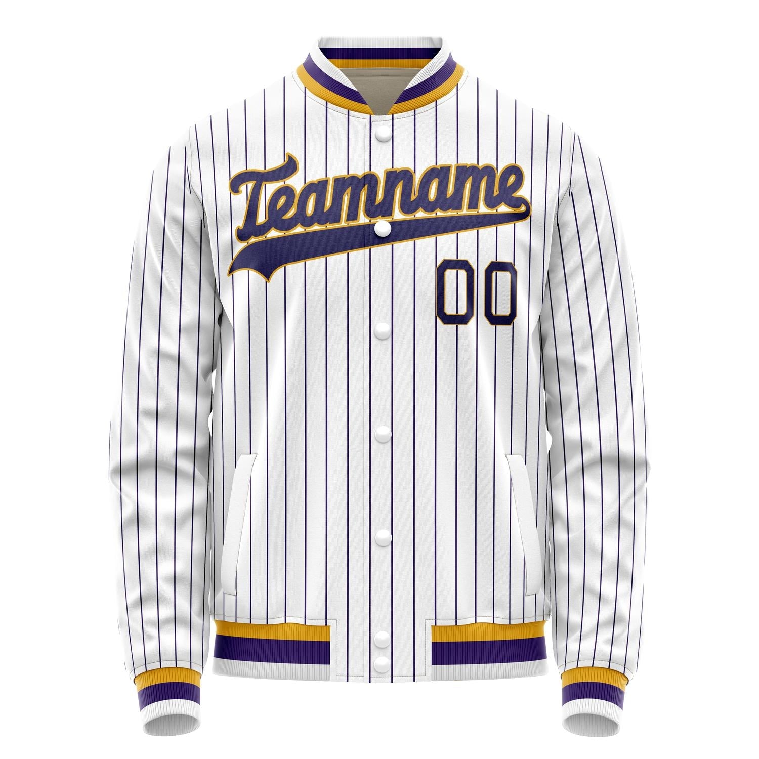Custom White Purple Purple Pinstripe Varsity Letterman Jacket JA02240617JC477
