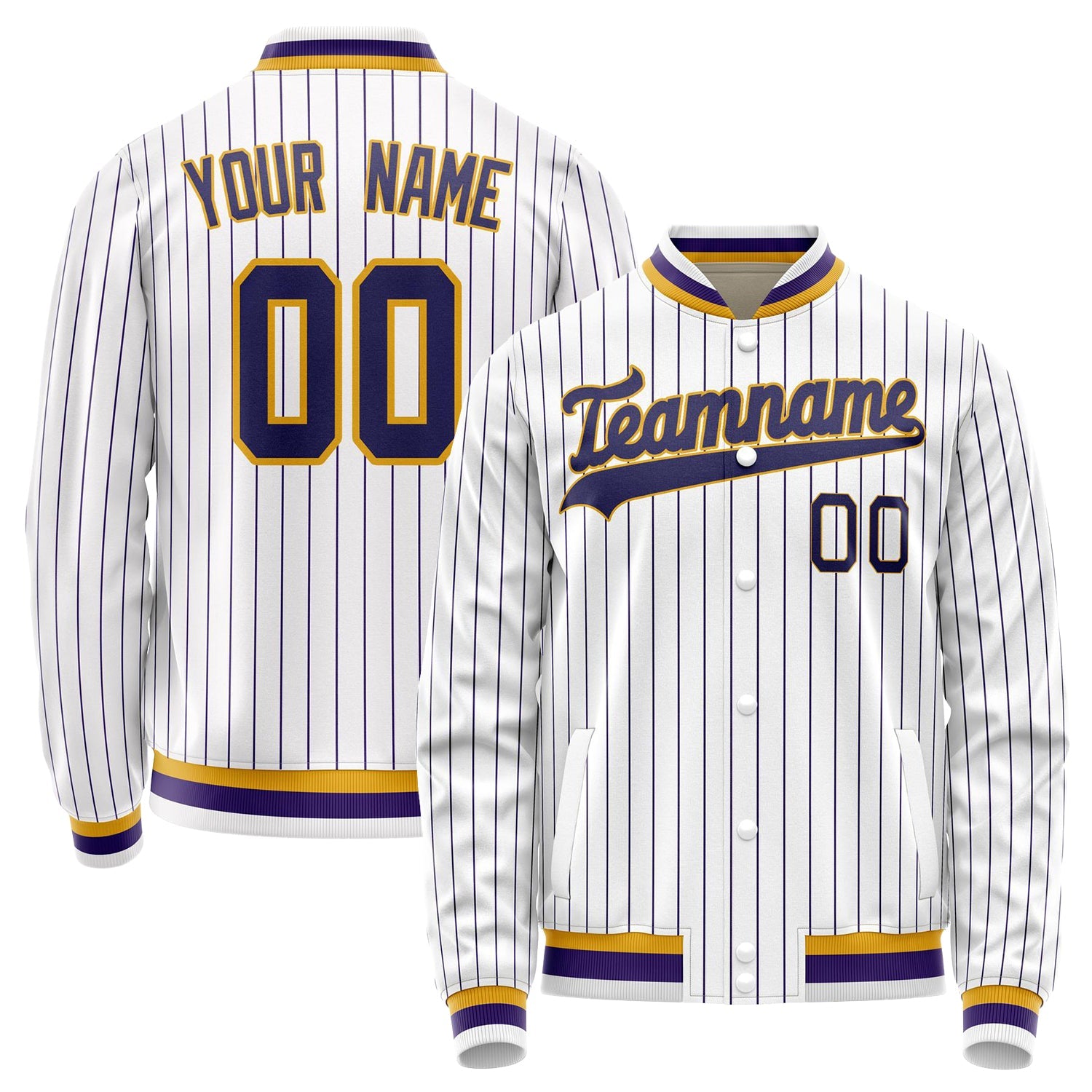 Custom White Purple Purple Pinstripe Varsity Letterman Jacket JA02240617JC477