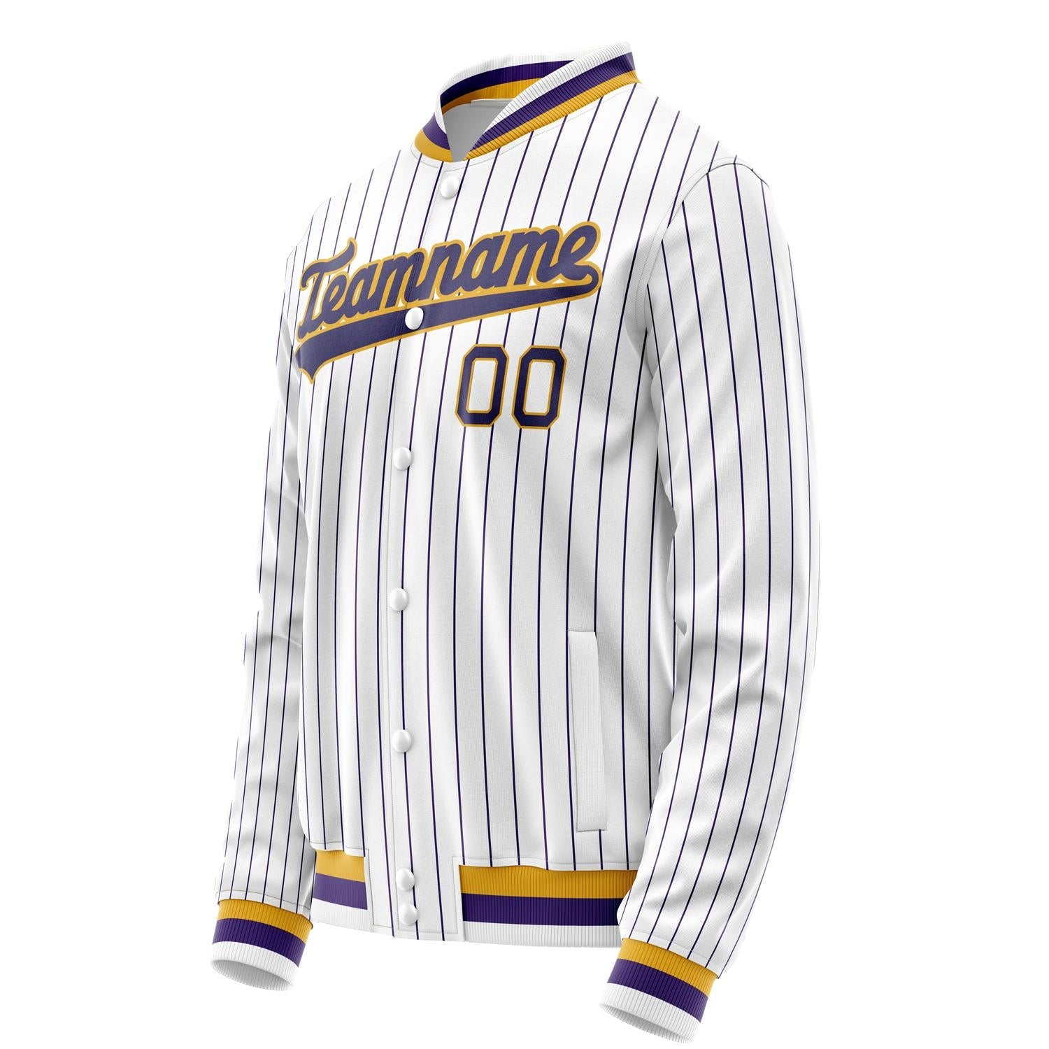 Custom White Purple Purple Pinstripe Varsity Letterman Jacket JA02240617JC477