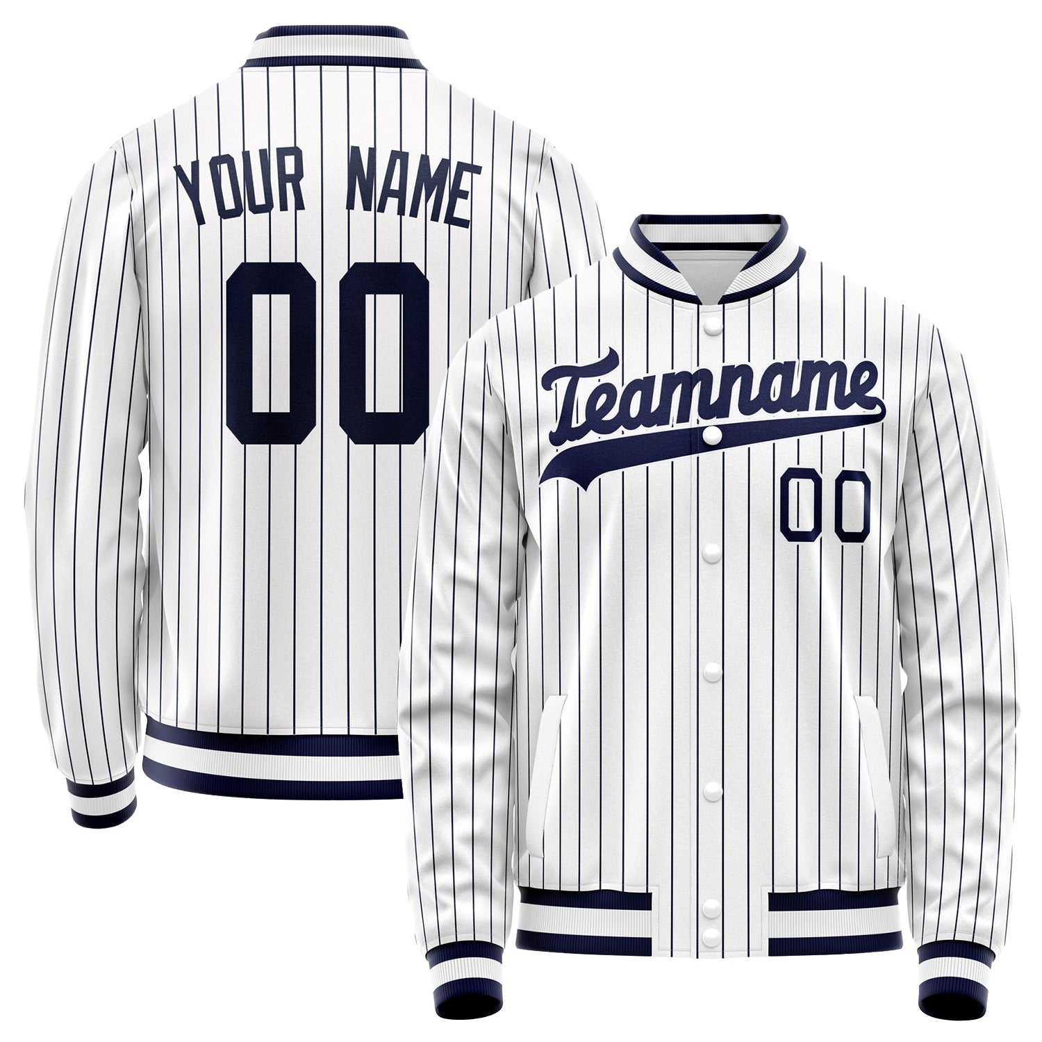 Custom White Navy Navy Pinstripe Varsity Letterman Jacket JA02240617JC478