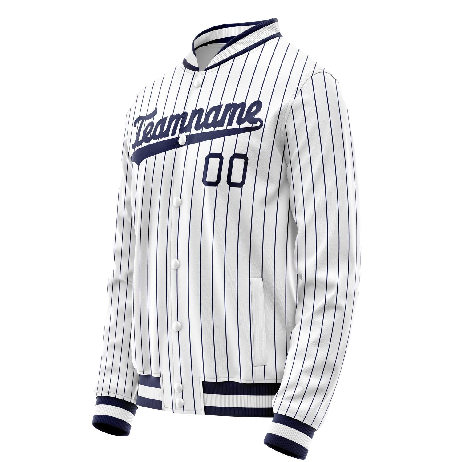Custom White Navy Navy Pinstripe Varsity Letterman Jacket JA02240617JC478
