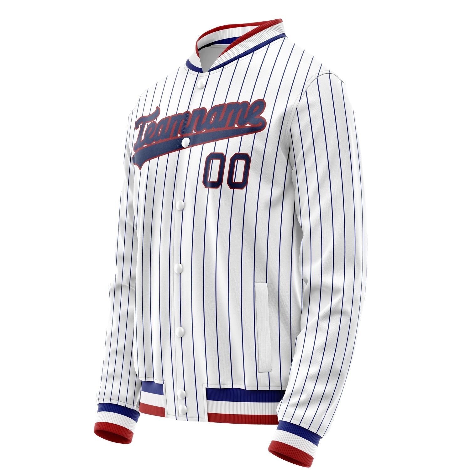 Custom White Royal Royal Pinstripe Varsity Letterman Jacket JA02240617JC479
