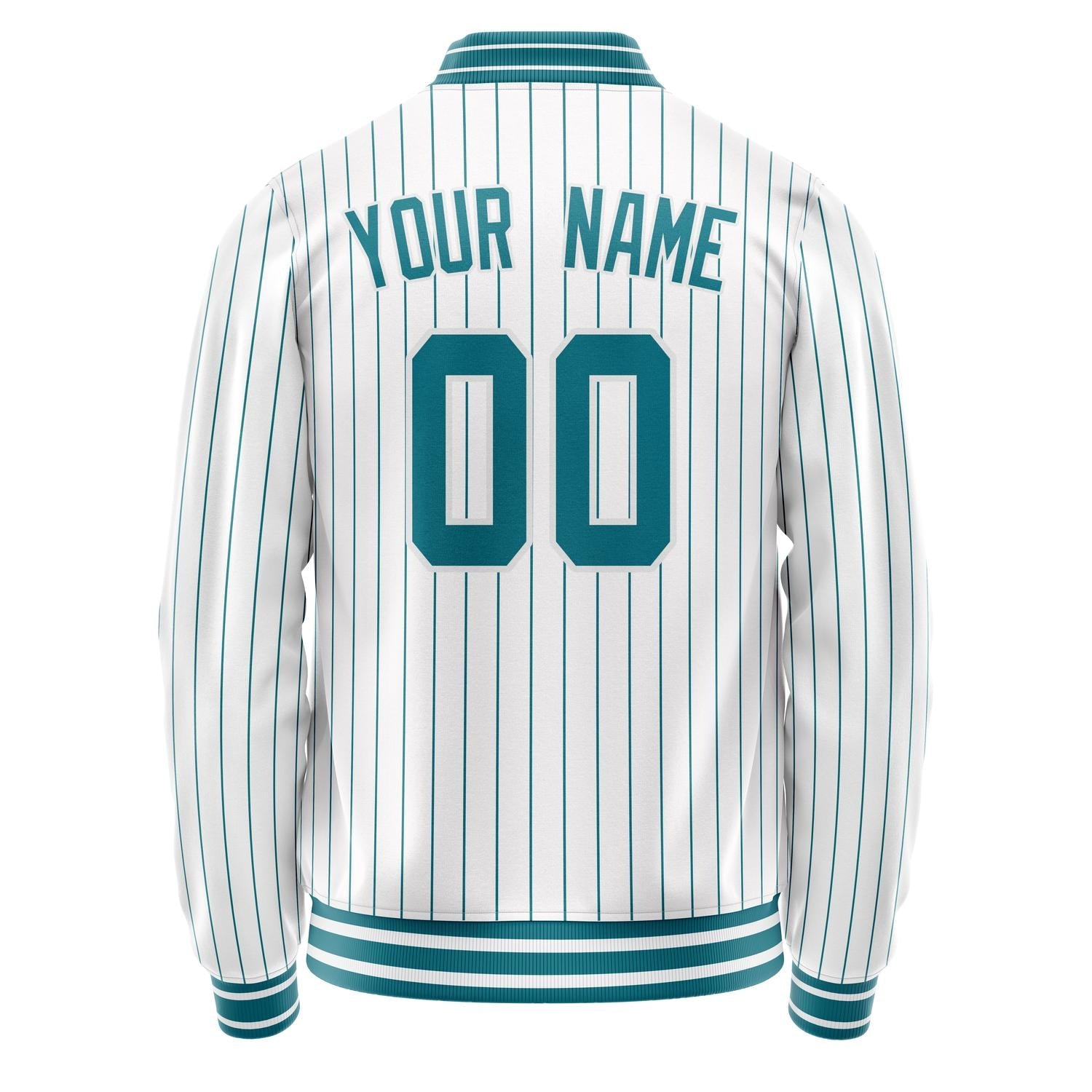 Custom White Teal Teal Pinstripe Varsity Letterman Jacket JA02240617JC486
