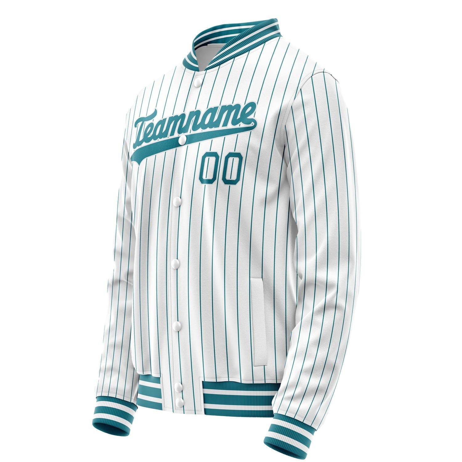 Custom White Teal Teal Pinstripe Varsity Letterman Jacket JA02240617JC486