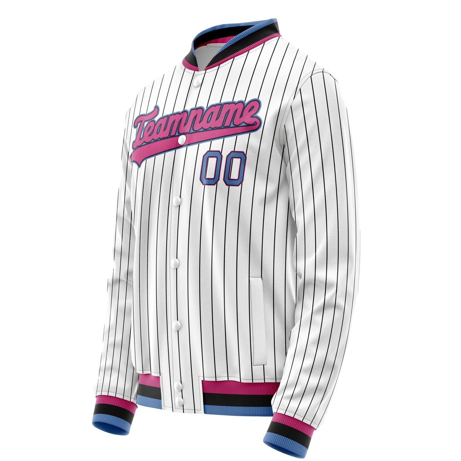 Custom White Pink Black Pinstripe Varsity Letterman Jacket JA02240617JC489