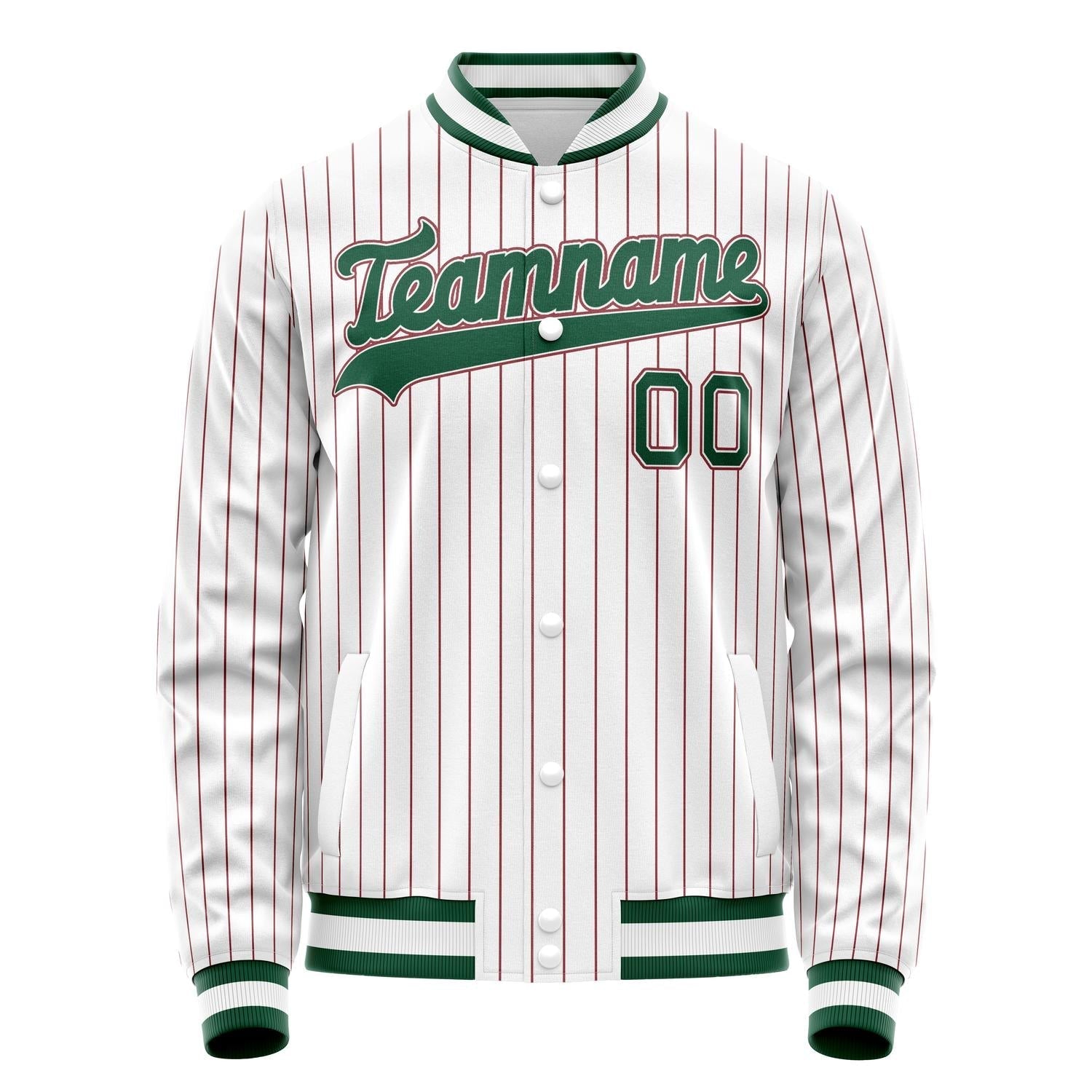 Custom White Kelly-Green Red Pinstripe Varsity Letterman Jacket JA02240617JC491
