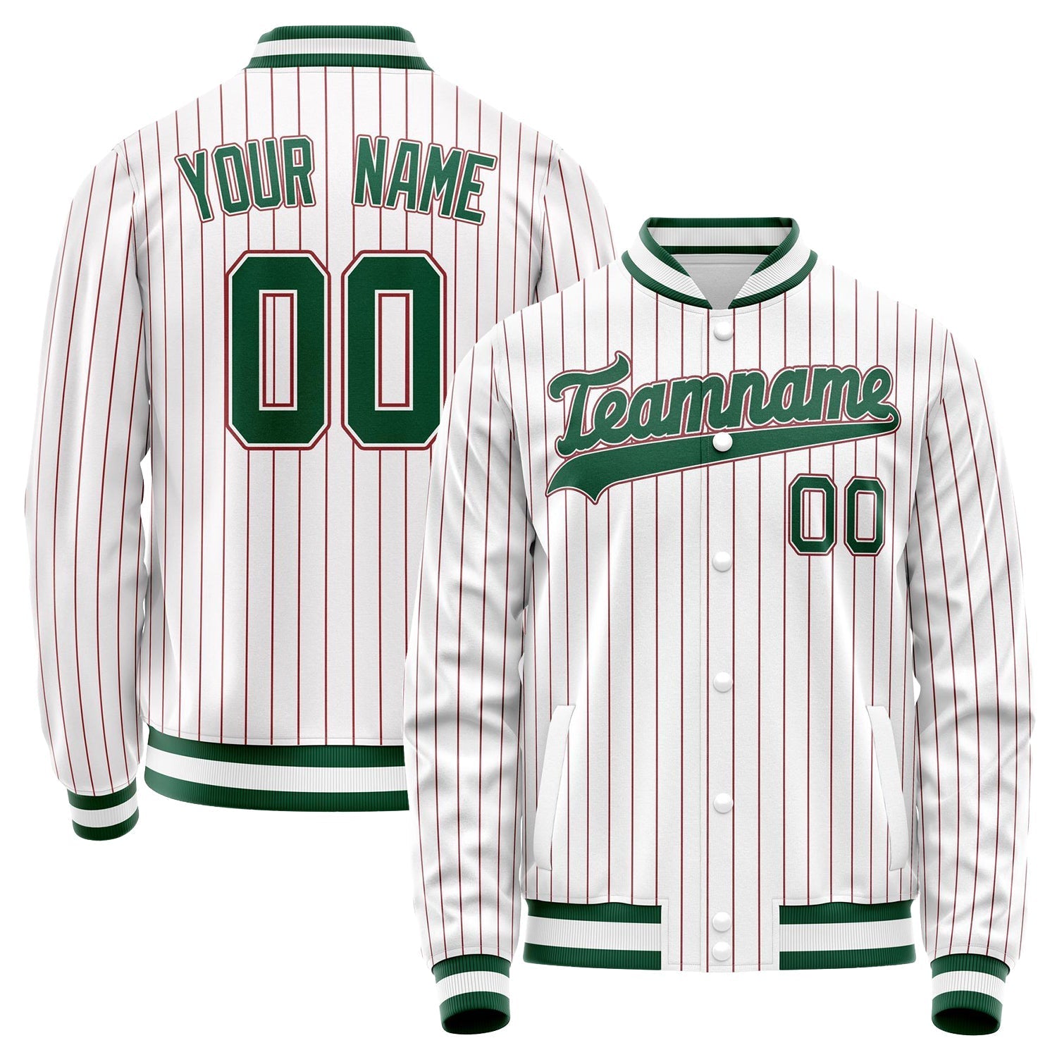 Custom White Kelly-Green Red Pinstripe Varsity Letterman Jacket JA02240617JC491