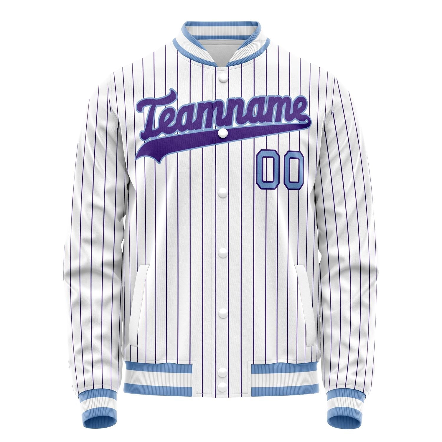 Custom White Purple Purple Pinstripe Varsity Letterman Jacket JA02240617JC493