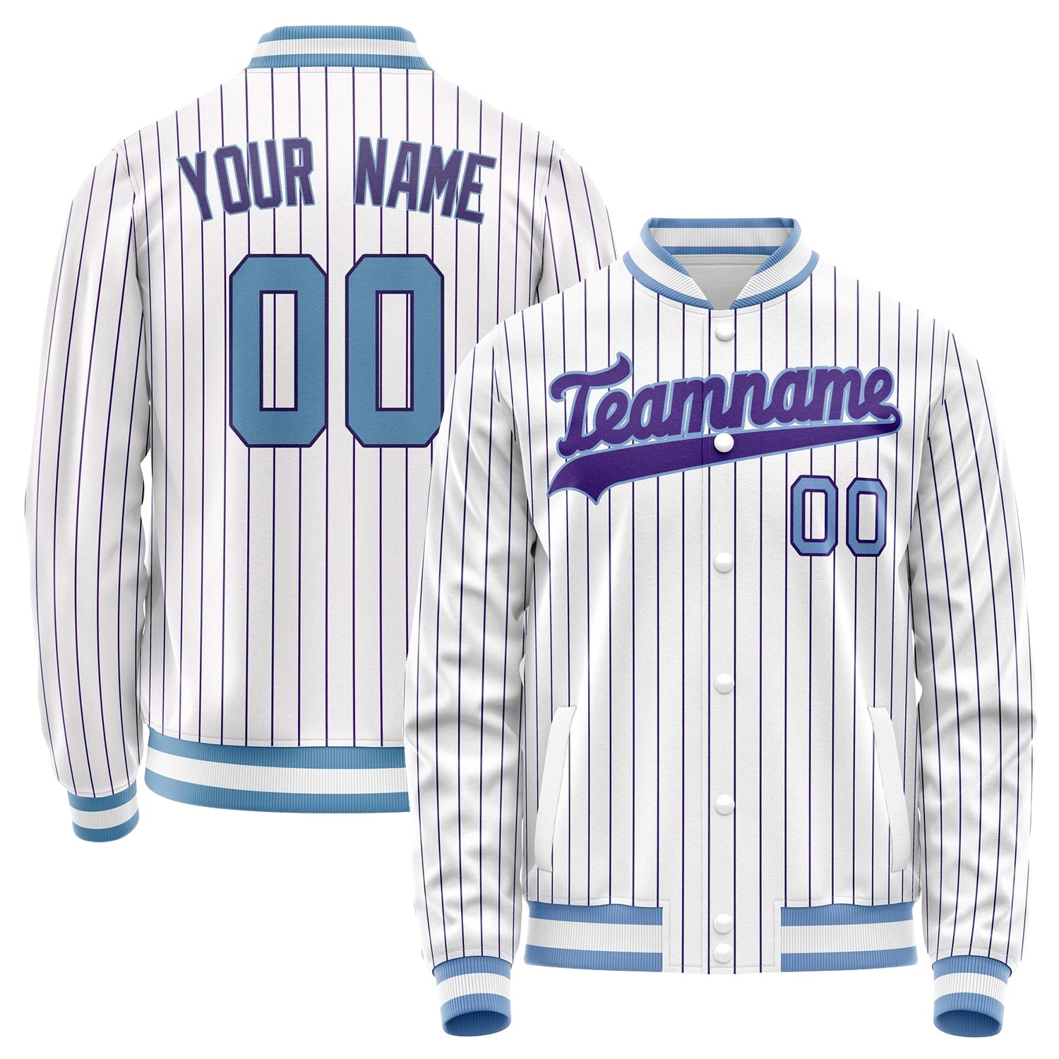 Custom White Purple Purple Pinstripe Varsity Letterman Jacket JA02240617JC493