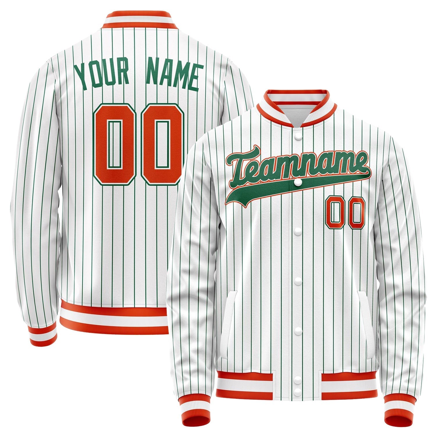 Custom White Orange Kelly Green Pinstripe Varsity Letterman Jacket JA02240617JC494
