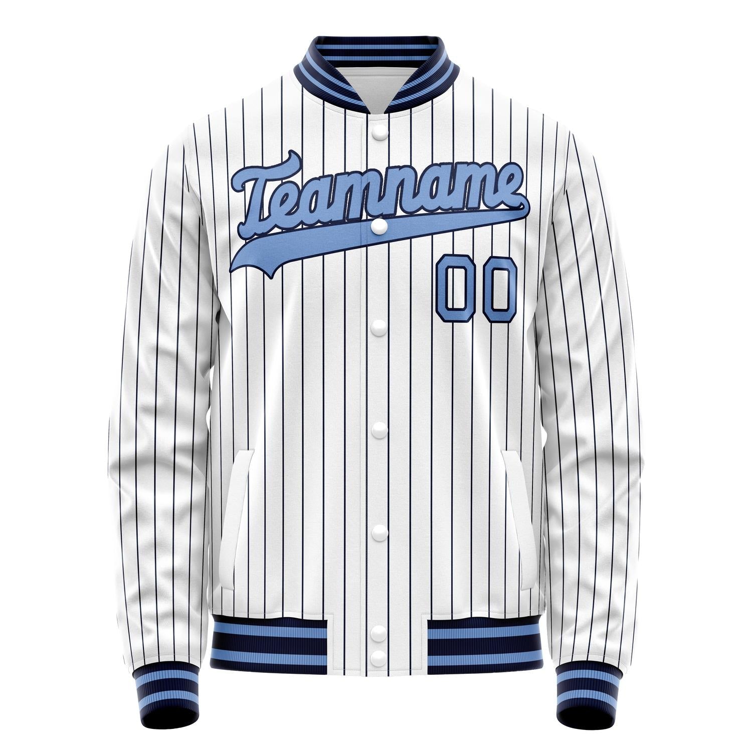 Custom White Light-Blue Navy Pinstripe Varsity Letterman Jacket JA02240617JC496
