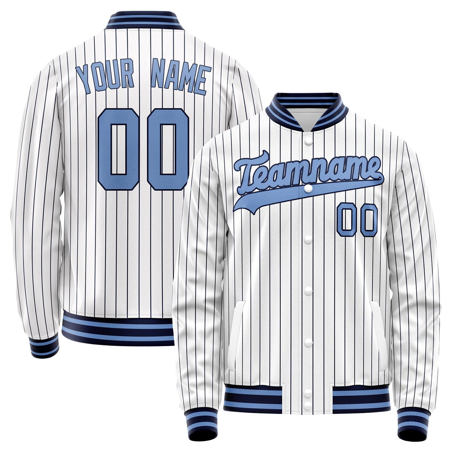 Custom White Light-Blue Navy Pinstripe Varsity Letterman Jacket JA02240617JC496