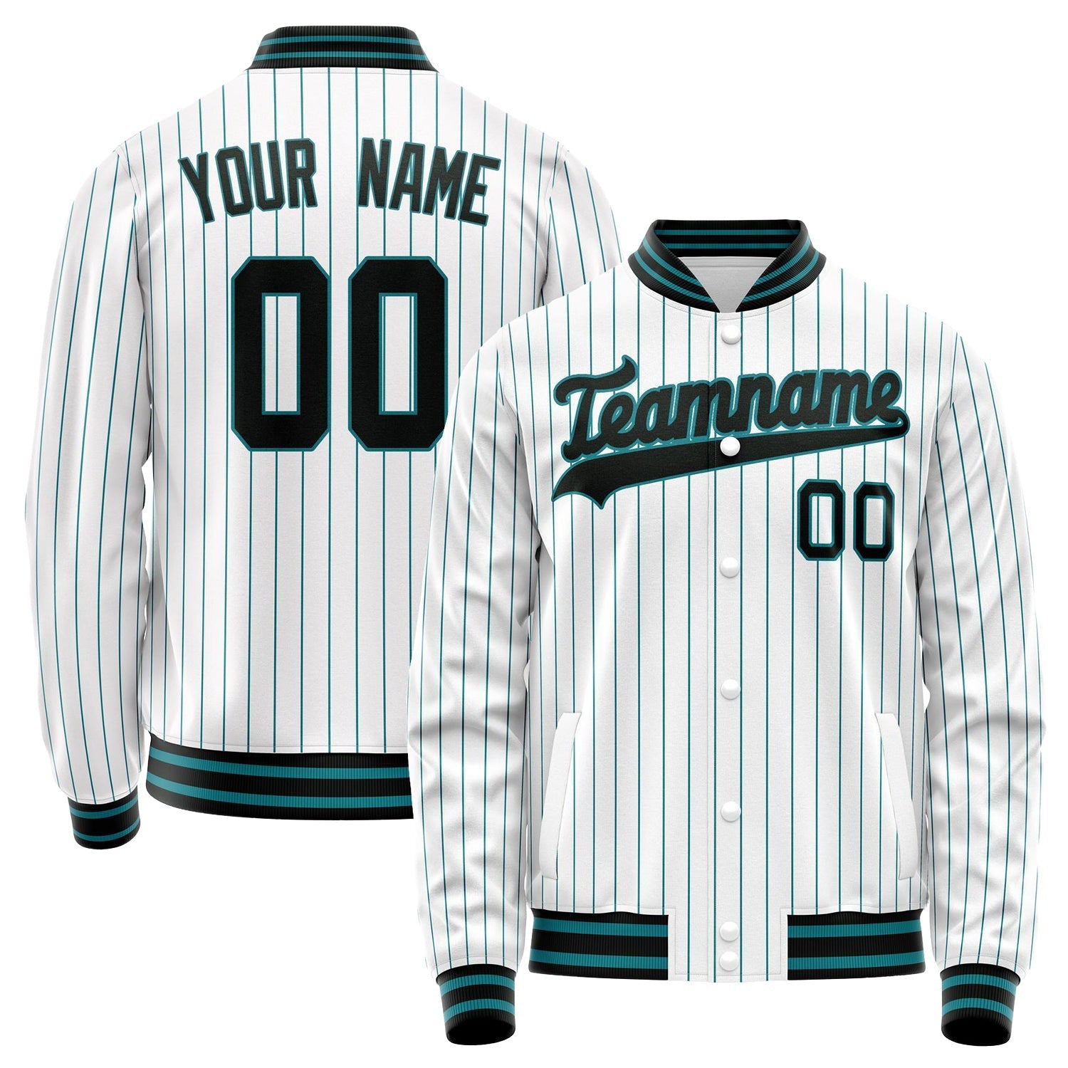 Custom White Teal Teal Pinstripe Varsity Letterman Jacket JA02240617JC497