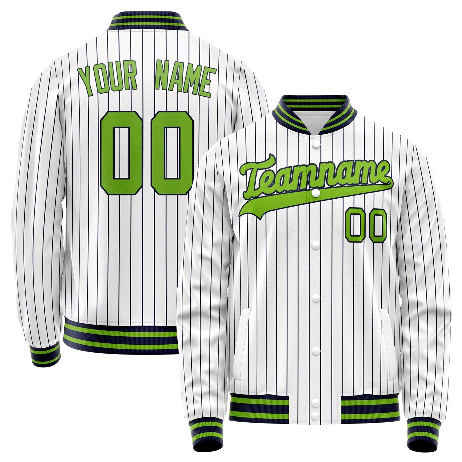Custom White Neon-Green Black Pinstripe Varsity Letterman Jacket JA02240617JC500