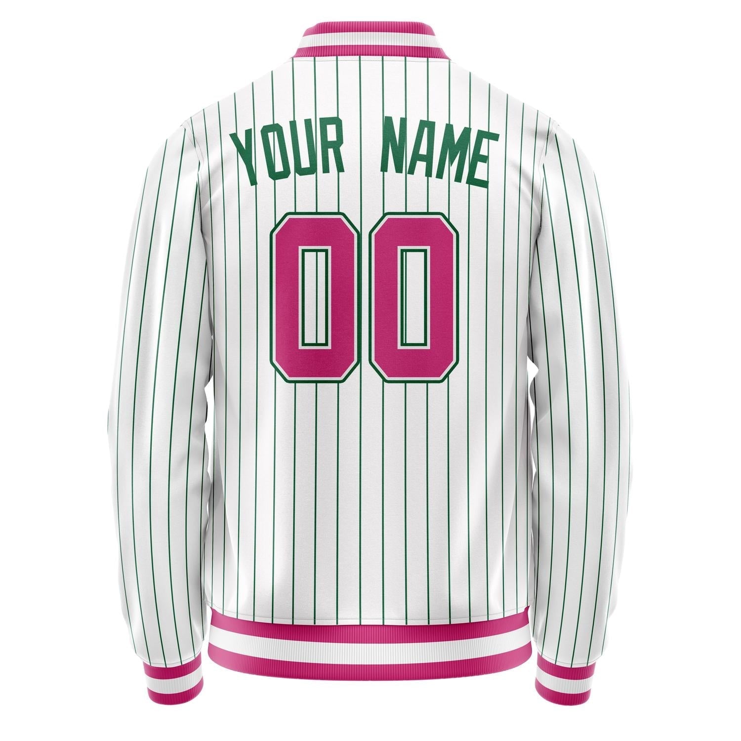 Custom White Pink Kelly Green Pinstripe Varsity Letterman Jacket JA02240617JC503
