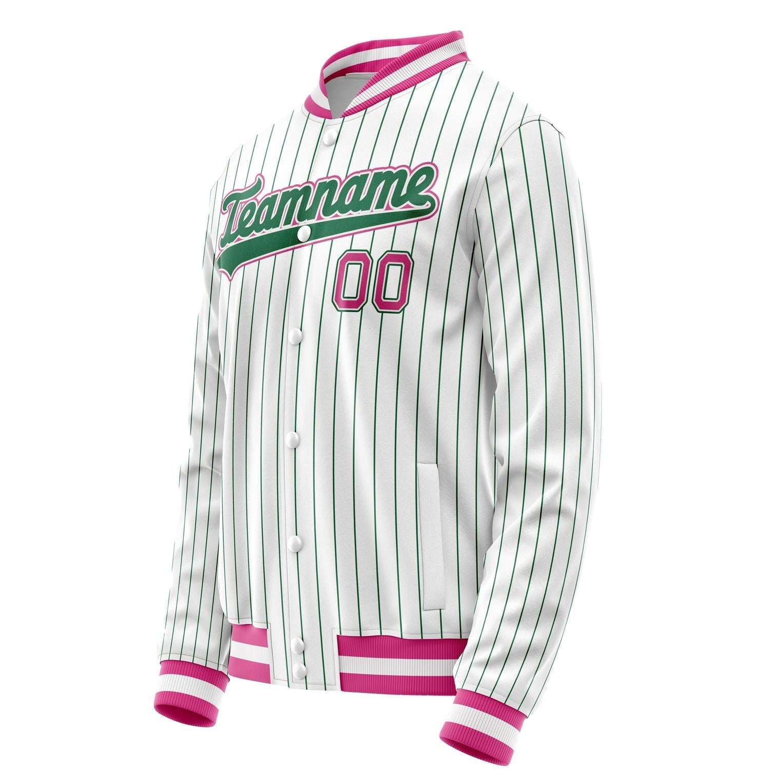 Custom White Pink Kelly Green Pinstripe Varsity Letterman Jacket JA02240617JC503