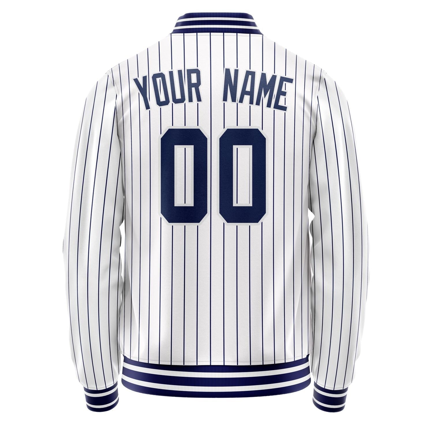 Custom White Navy Navy Pinstripe Varsity Letterman Jacket JA02240617JC506