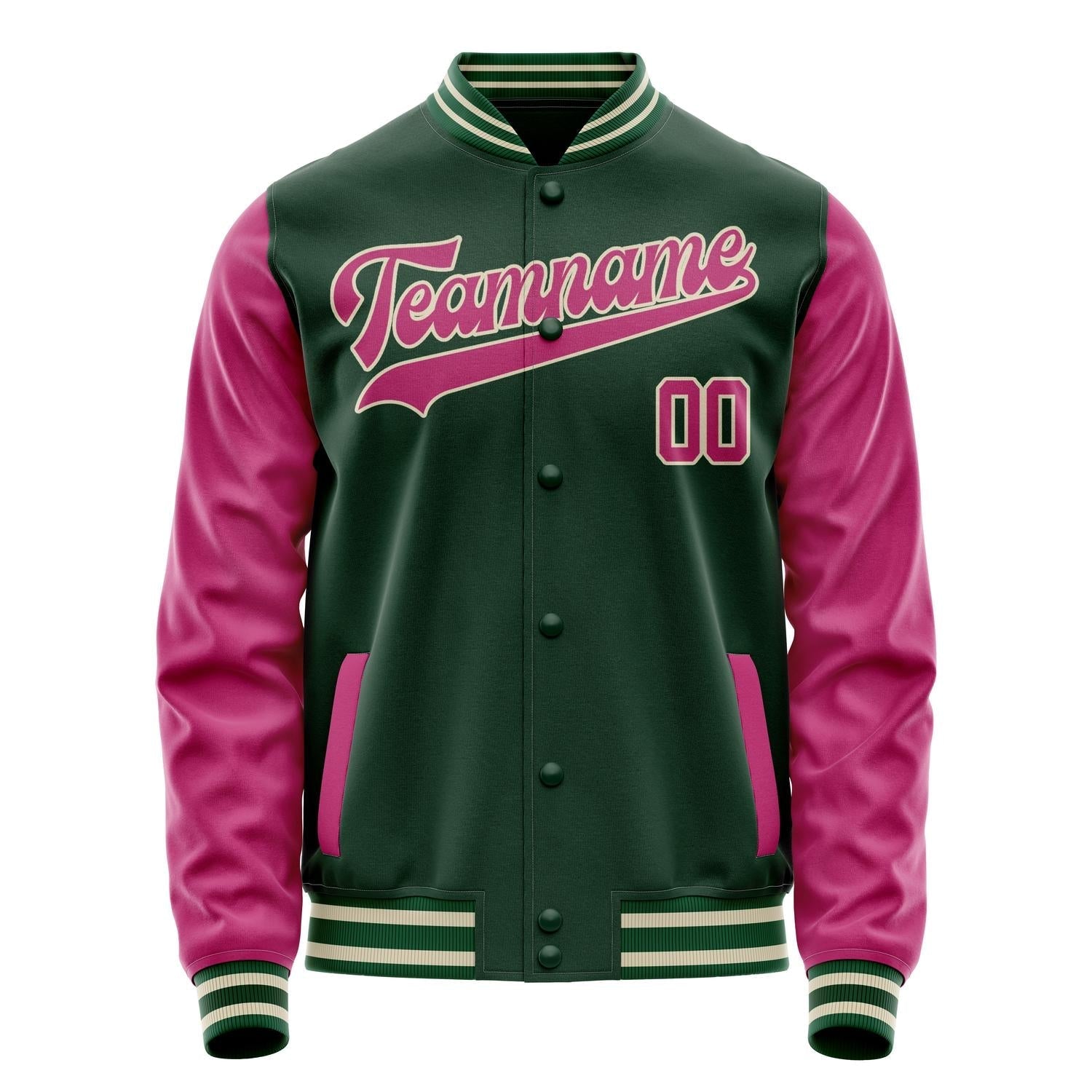Custom Green Pink Solid Color Varsity Letterman Jacket JA02240617JG197