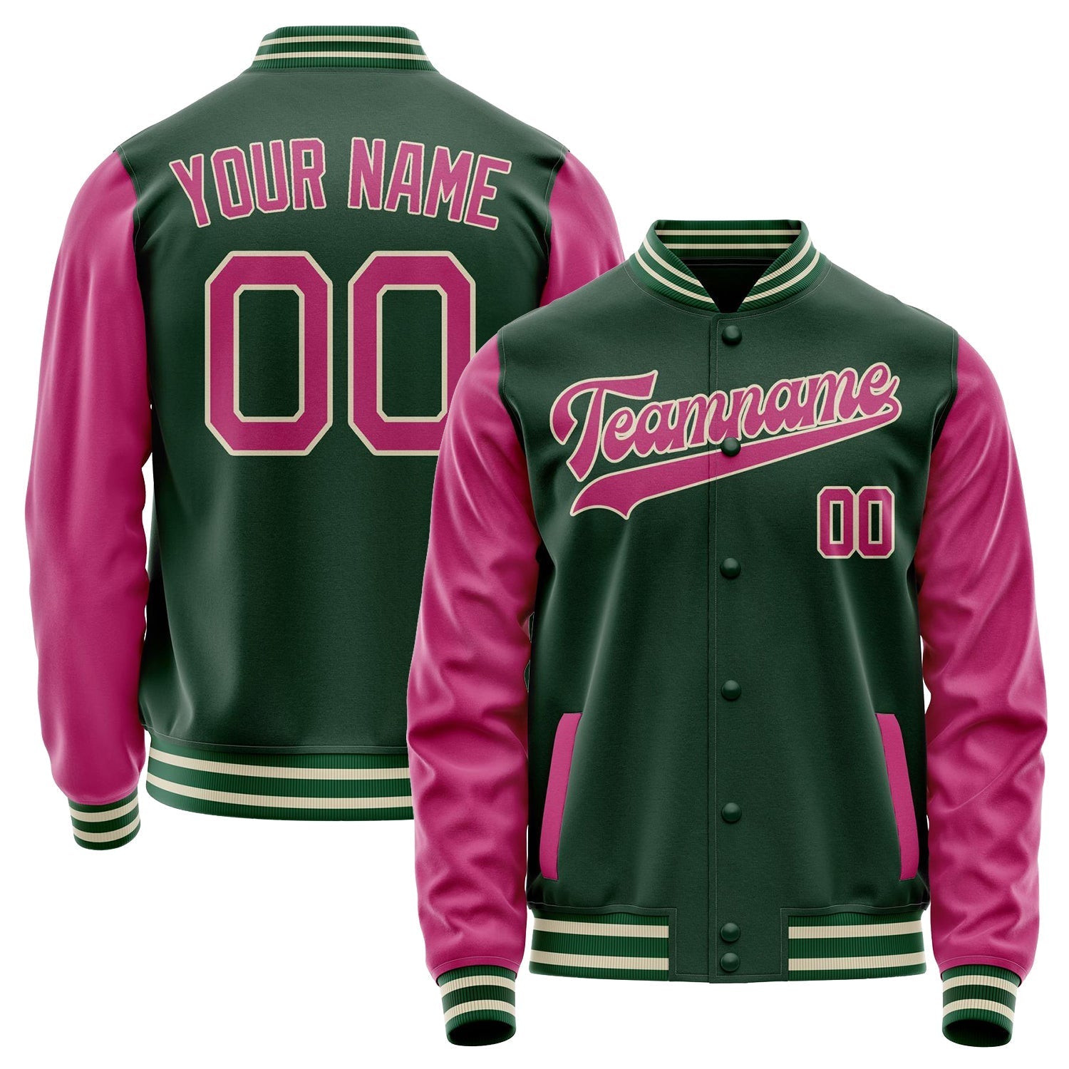 Custom Green Pink Solid Color Varsity Letterman Jacket JA02240617JG197