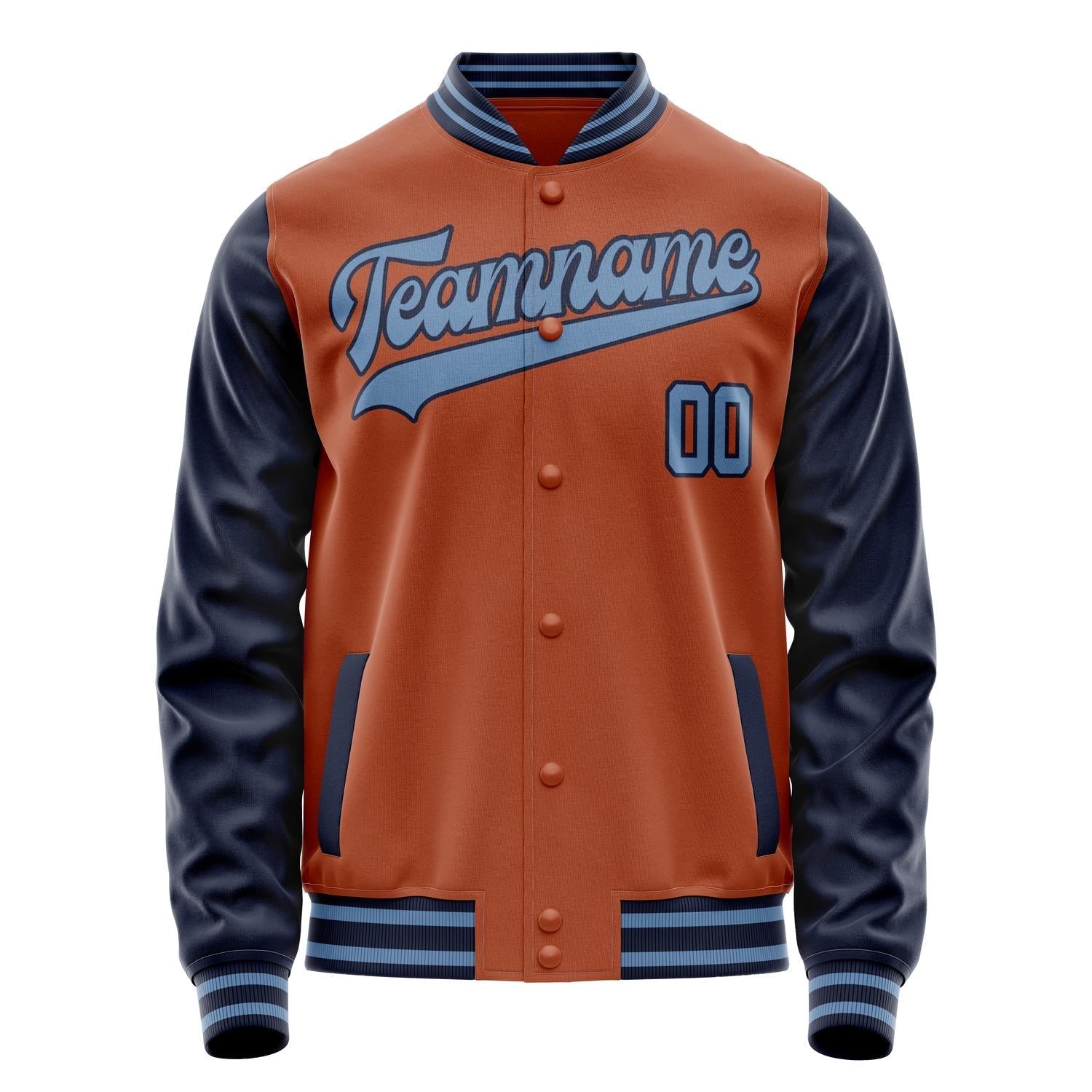 Custom Texas-Orange Navy Solid Color Varsity Letterman Jacket JA02240617JG421