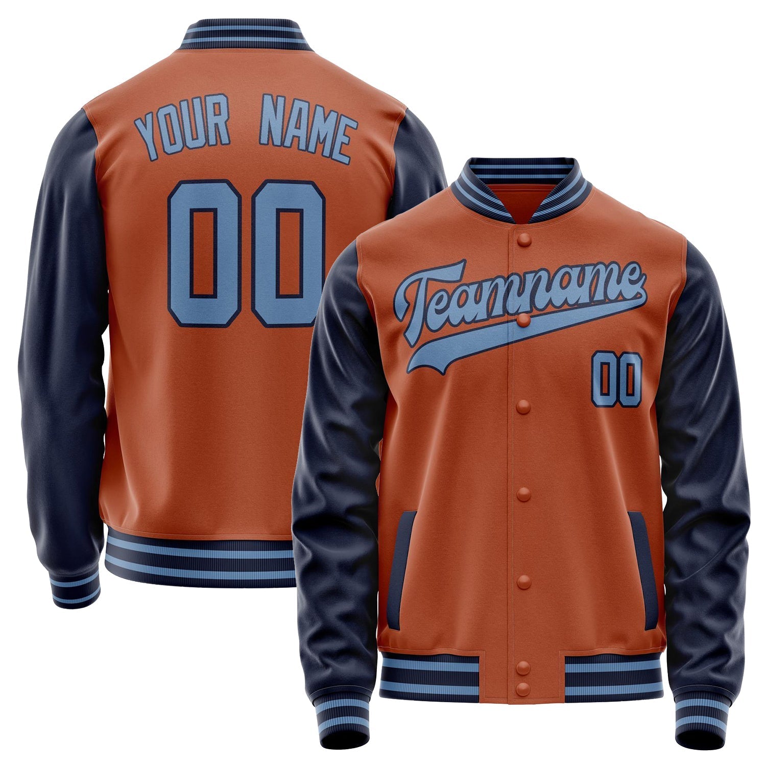 Custom Texas-Orange Navy Solid Color Varsity Letterman Jacket JA02240617JG421