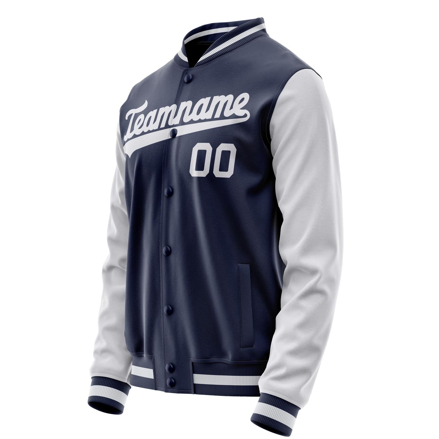 Custom Navy White Solid Color Varsity Letterman Jacket JA02240617KZ266