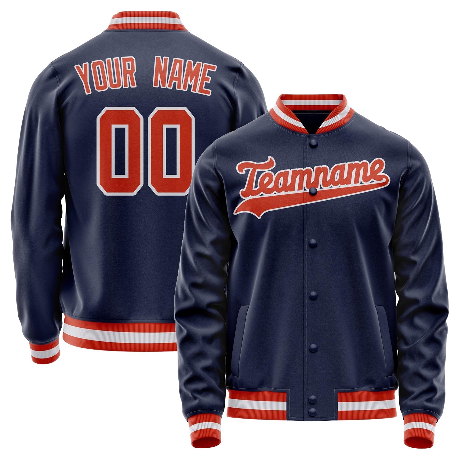Custom Navy Orange Solid Color Varsity Letterman Jacket JA02240617KZ268