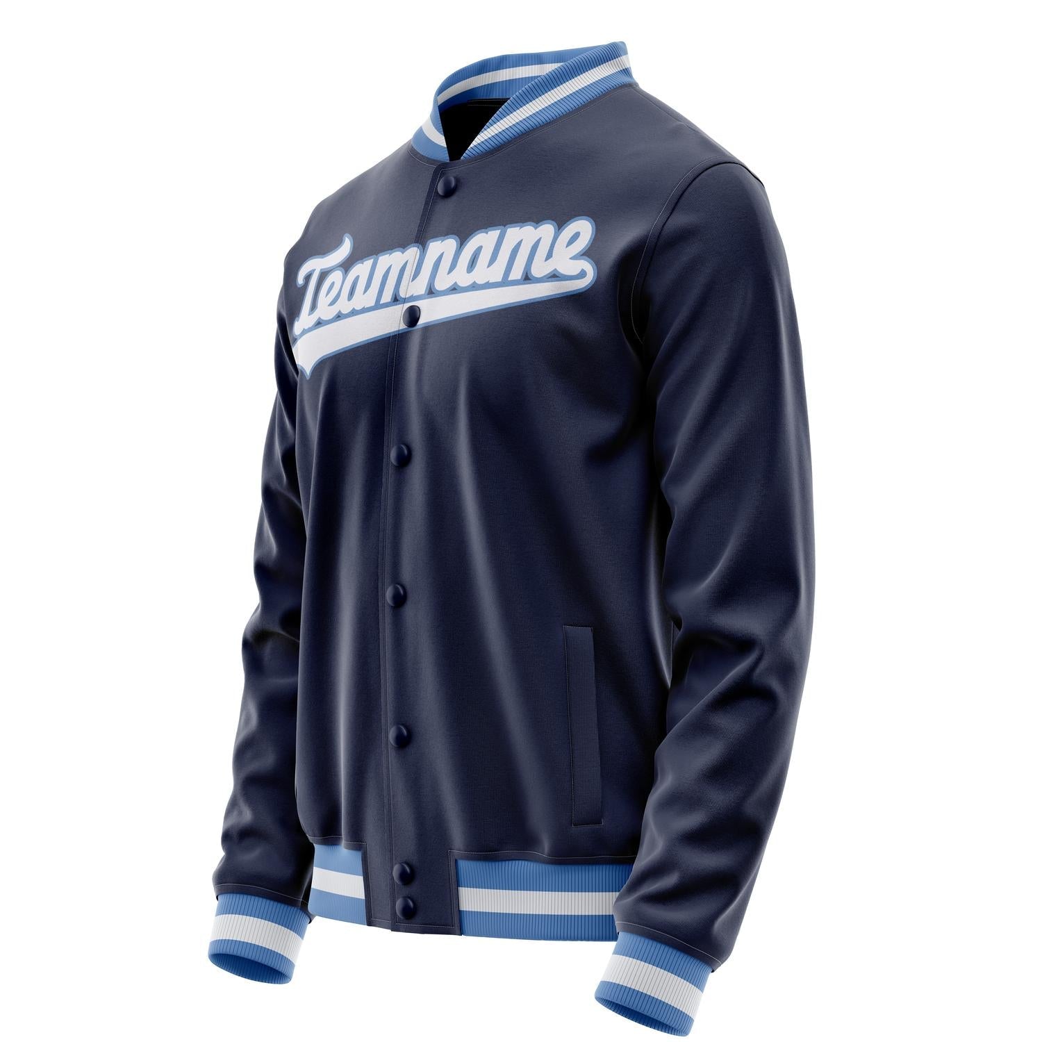 Custom Navy White Solid Color Varsity Letterman Jacket JA02240617KZ269
