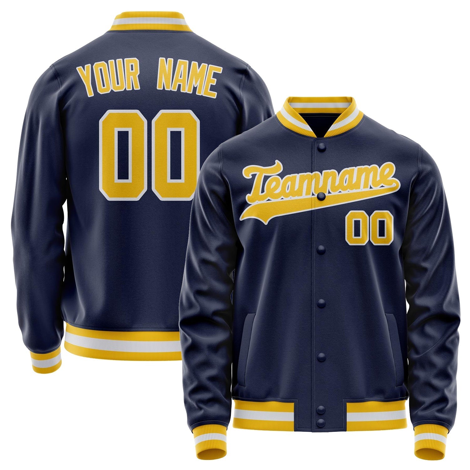 Custom Navy Gold Solid Color Varsity Letterman Jacket JA02240617KZ270