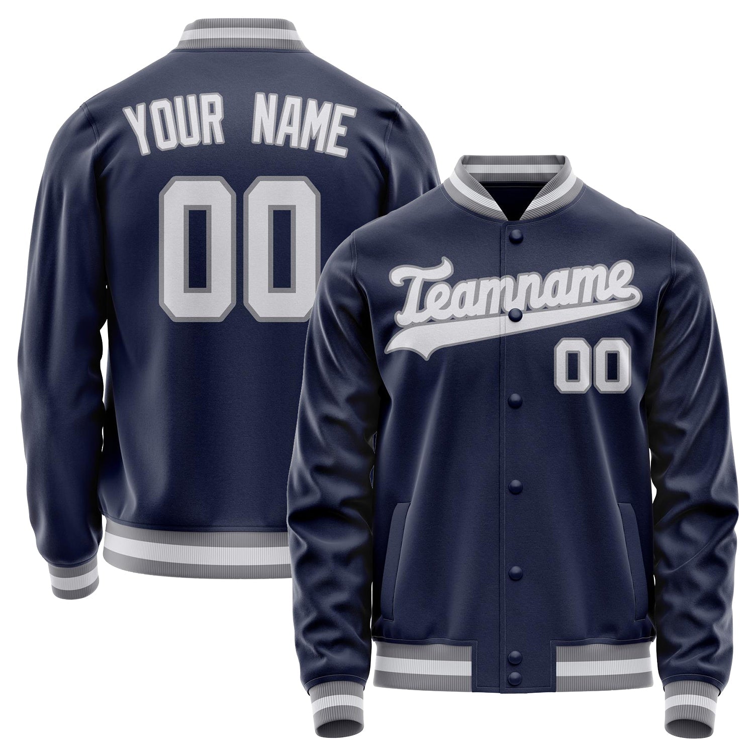 Custom Navy White Solid Color Varsity Letterman Jacket JA02240617KZ271